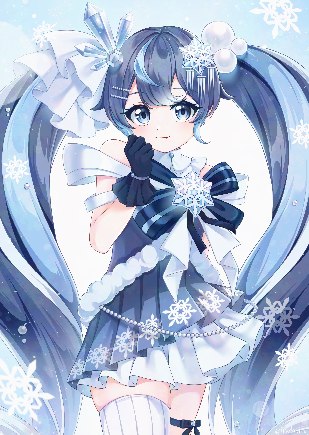 hatsune miku, yuki miku, yuki miku (2025), vocaloid, highres, 1girl, aqua hair, blue dress, blue hair, blue skirt, closed mouth, collar, crystal hair ornament, dress, frilled collar, frills, hair between eyes, hair ornament, ikeda orca, multicolored hair, official alternate costume, official alternate hairstyle, pleated skirt, skirt, sleeveless, sleeveless dress, smile, snowflake hair ornament, snowflake ornament, snowflake print, solo, thick thighs, thighhighs, thighs, white hair, white thighhighs