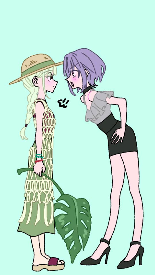 himitsu (iemaki), wakaba mutsumi, yuutenji nyamu, bang dream!, bang dream! it's mygo!!!!!, commentary request, partial commentary, 2girls, black shoes, black skirt, bra strap, braid, closed mouth, green background, green hair, green skirt, grey shirt, high heels, leaf, long hair, multiple girls, off-shoulder shirt, off shoulder, open mouth, puff of air, purple hair, red tank top, shirt, shoes, short hair, simple background, skirt, tank top, twin braids, yellow eyes
