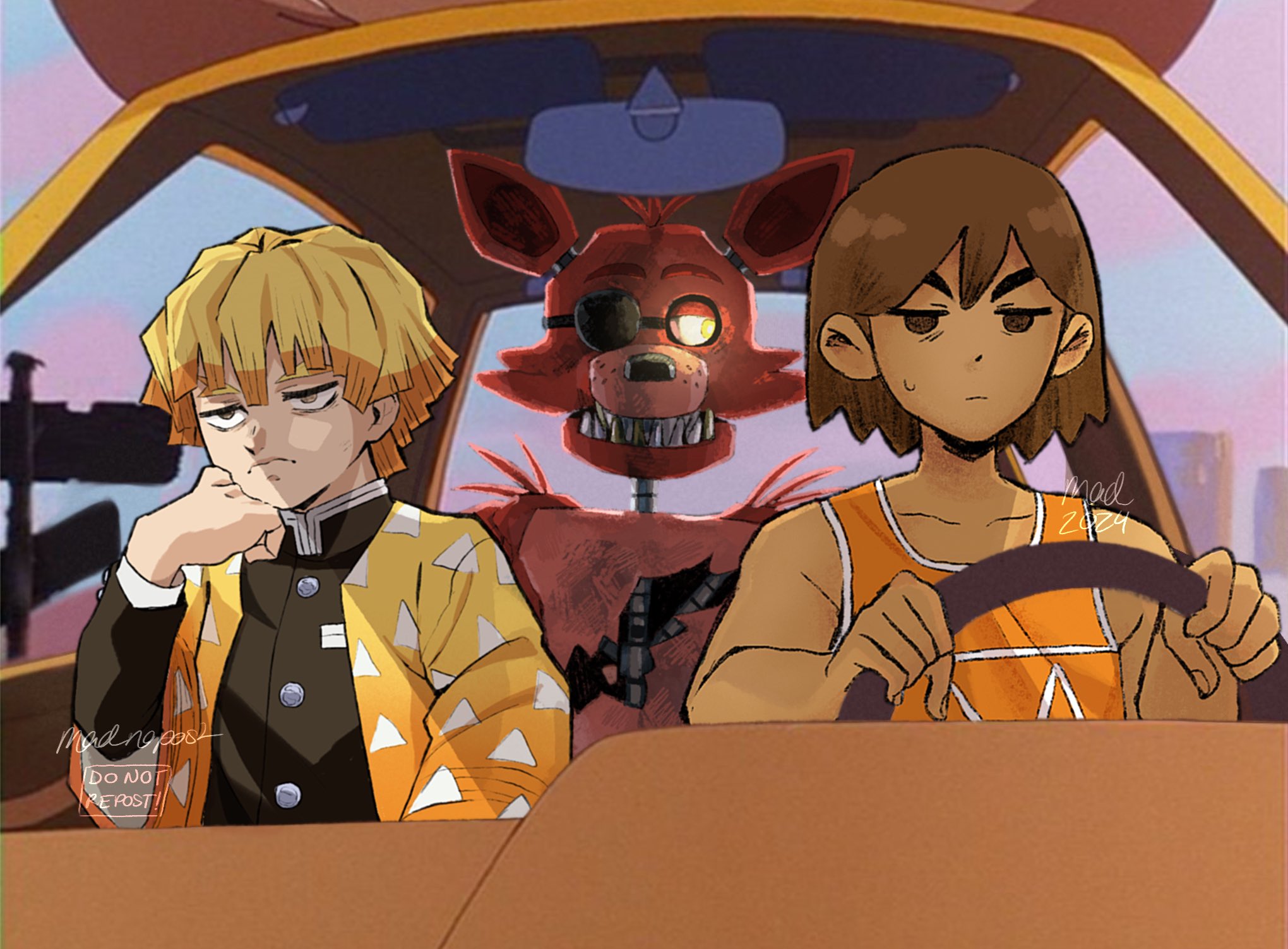 madnopost, agatsuma zenitsu, foxy (fnaf), kel (faraway) (omori), kel (omori), five nights at freddy's, kimetsu no yaiba, omori, commentary, english commentary, highres, 2024, 3boys, artist name, bags under eyes, bare arms, bare shoulders, black jacket, blonde hair, blue sky, blunt bangs, blunt ends, brown eyes, brown hair, building, buttons, car, closed mouth, coat, collarbone, colored tips, crossover, dark-skinned male, dark skin, double-parted bangs, driving, frown, hair behind ear, hair between eyes, hand on own cheek, hand on own face, hand up, hands up, hatching (texture), jacket, jitome, layered sleeves, male focus, motor vehicle, multicolored hair, multiple boys, no pupils, no sclera, omocat (style), open clothes, open coat, orange coat, orange hair, orange tank top, outdoors, pink sky, short hair, sky, sweatdrop, tank top, triangle print, turtleneck, turtleneck jacket, two-tone hair, upper body, upturned eyes, v-shaped eyebrows, watermark, yellow eyes