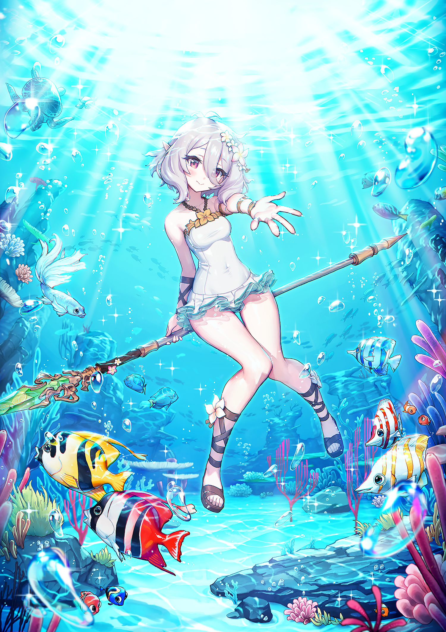 punc p, kokkoro (princess connect!), princess connect!, highres, 1girl, air bubble, breasts, bubble, casual one-piece swimsuit, closed mouth, collarbone, covered navel, eyes visible through hair, fish, flower, full body, grey hair, hair flower, hair ornament, holding, holding polearm, holding weapon, layered skirt, long hair, looking at viewer, microskirt, one-piece swimsuit, outstretched arm, outstretched hand, pleated skirt, pointy ears, polearm, red eyes, skirt, small breasts, smile, solo, sparkle, sunlight, swimsuit, thigh gap, underwater, weapon, white flower, white one-piece swimsuit, white skirt