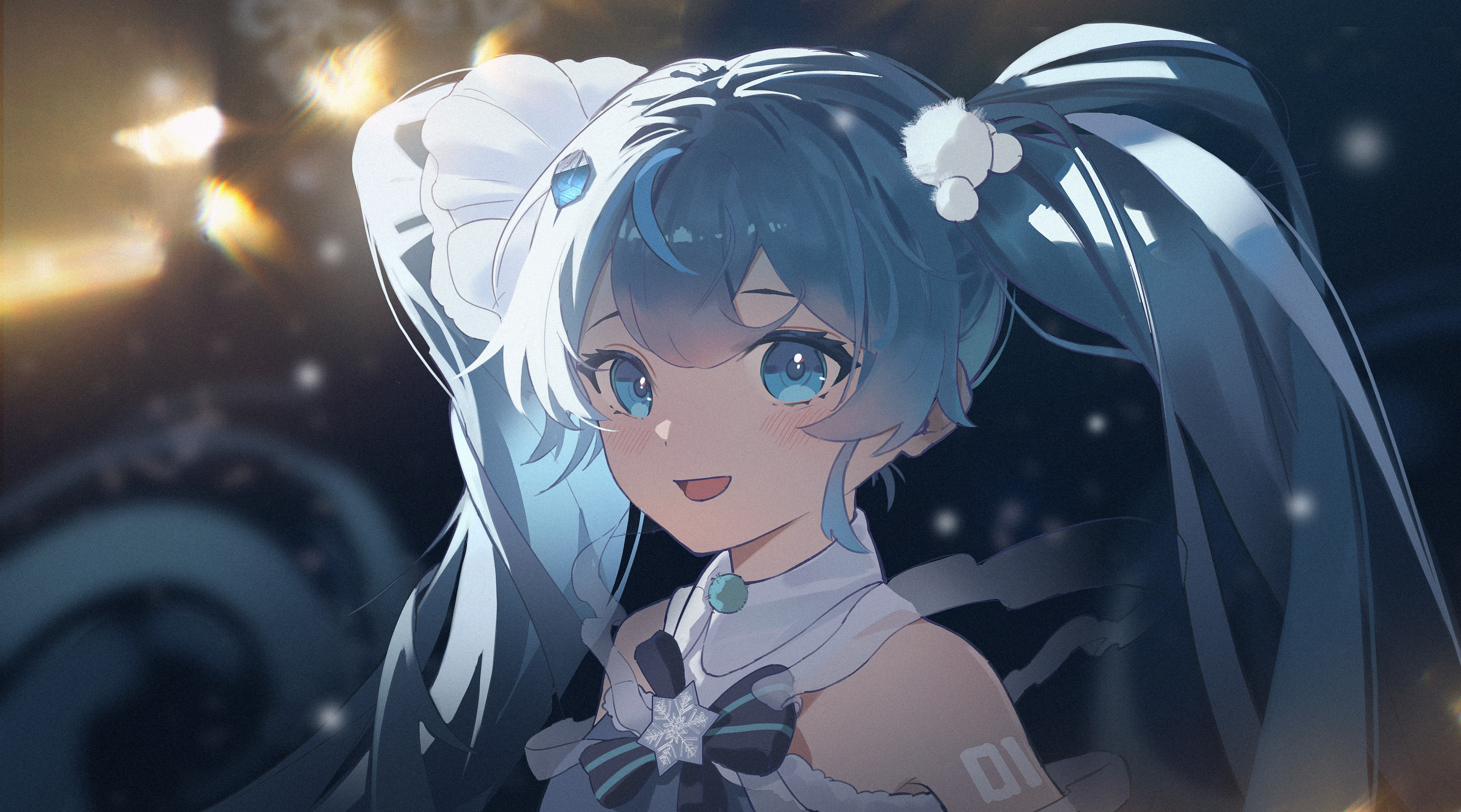 poem1025, hatsune miku, yuki miku, yuki miku (2025), vocaloid, absurdres, highres, 1girl, arm tattoo, blue bow, blue bowtie, blue eyes, blue hair, bow, bowtie, dress, hair between eyes, hair ornament, long hair, looking at viewer, number tattoo, open mouth, sleeveless, sleeveless dress, smile, snowflake ornament, solo, tattoo, twintails, very long hair