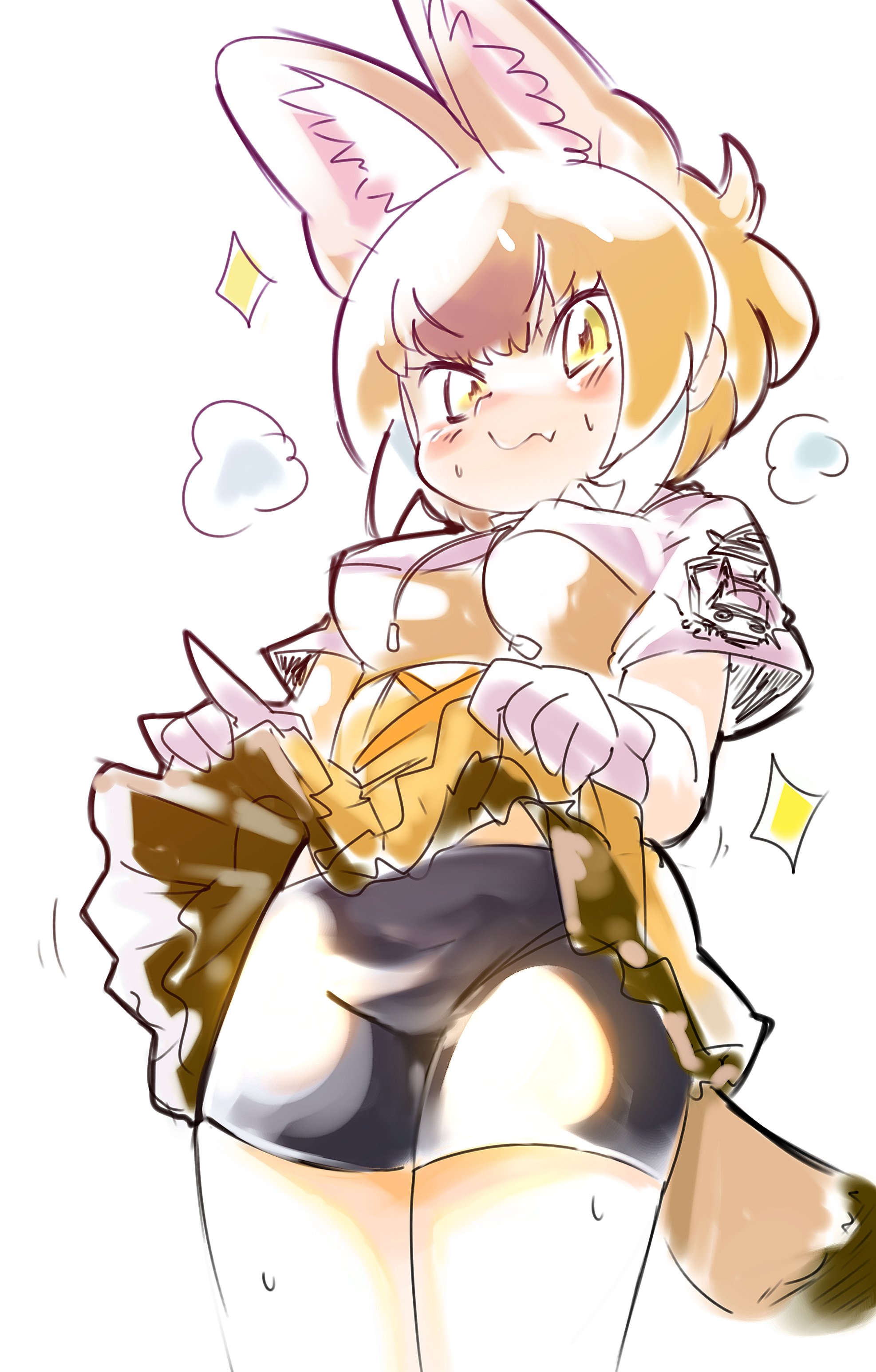 hondadadadatsu, dhole (kemono friends), kemono friends, kemono friends 3, absurdres, highres, animal ears, bike shorts, bike shorts under skirt, black socks, blush, boots, breasts, brown eyes, brown hair, brown shirt, brown skirt, clothes lift, dog ears, dog girl, dog tail, english text, frilled skirt, frills, gloves, hair between eyes, high-waist skirt, large breasts, lifting own clothes, looking at viewer, multicolored hair, official alternate costume, open mouth, shirt, short sleeves, sidelocks, skirt, skirt lift, smile, socks, t-shirt, tail, two-tone shirt, v, white boots, white gloves, white hair, white shirt