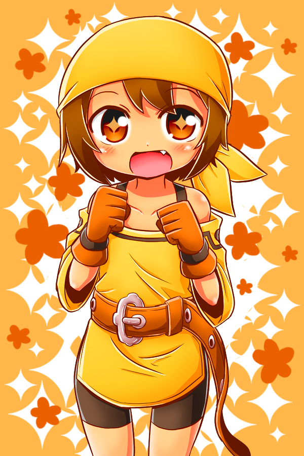 naga u, razzy, summon night, 1girl, bandana, belt, bike shorts, brown belt, brown eyes, brown hair, bush, collarbone, cowboy shot, diamond in eye, fang, gloves, long sleeves, open mouth, shirt, shoulder blush, solo, yellow shirt
