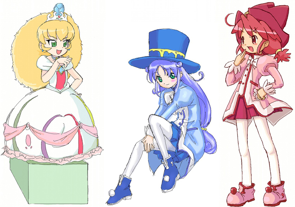 chaba (chabanyu), altessa, chaba, fine (futagohime), hime, rein (futagohime), fushigiboshi no futago hime, shogakukan, 00s, 3girls, ahoge, big hair, blonde hair, blue hair, blush, boots, bow, bowtie, brooch, choker, diamond (gemstone), dress, earrings, gown, green eyes, hand on own hip, hat, hip focus, jewelry, long hair, multiple girls, own hands clasped, own hands together, pantyhose, pink hair, ponytail, princess, red eyes, red skirt, short hair, short twintails, sket, skirt, smile, tiara, top hat, turtleneck, twintails, very long hair, white pantyhose