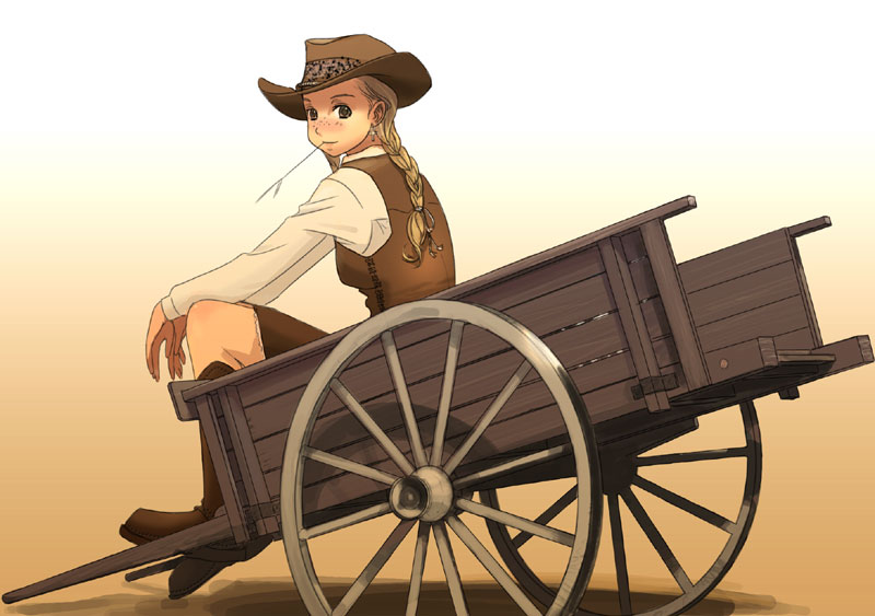 kiriman (souldeep), original, 1girl, blonde hair, boots, braid, brown eyes, brown theme, cart, cowboy hat, cowboy western, cross, cross earrings, earrings, female focus, freckles, from behind, hat, jewelry, light smile, long sleeves, looking at viewer, looking back, mouth hold, sitting, solo, stalk in mouth, twin braids, vest, yellow eyes