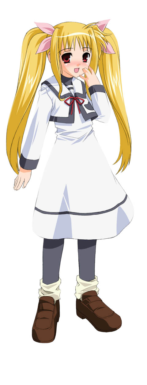 umekichi, fate testarossa, lyrical nanoha, mahou shoujo lyrical nanoha, highres, 00s, 1girl, blonde hair, blush, dress, female focus, hair ribbon, hand up, pantyhose, red eyes, ribbon, school uniform, serafuku, simple background, solo, twintails, white background, white dress