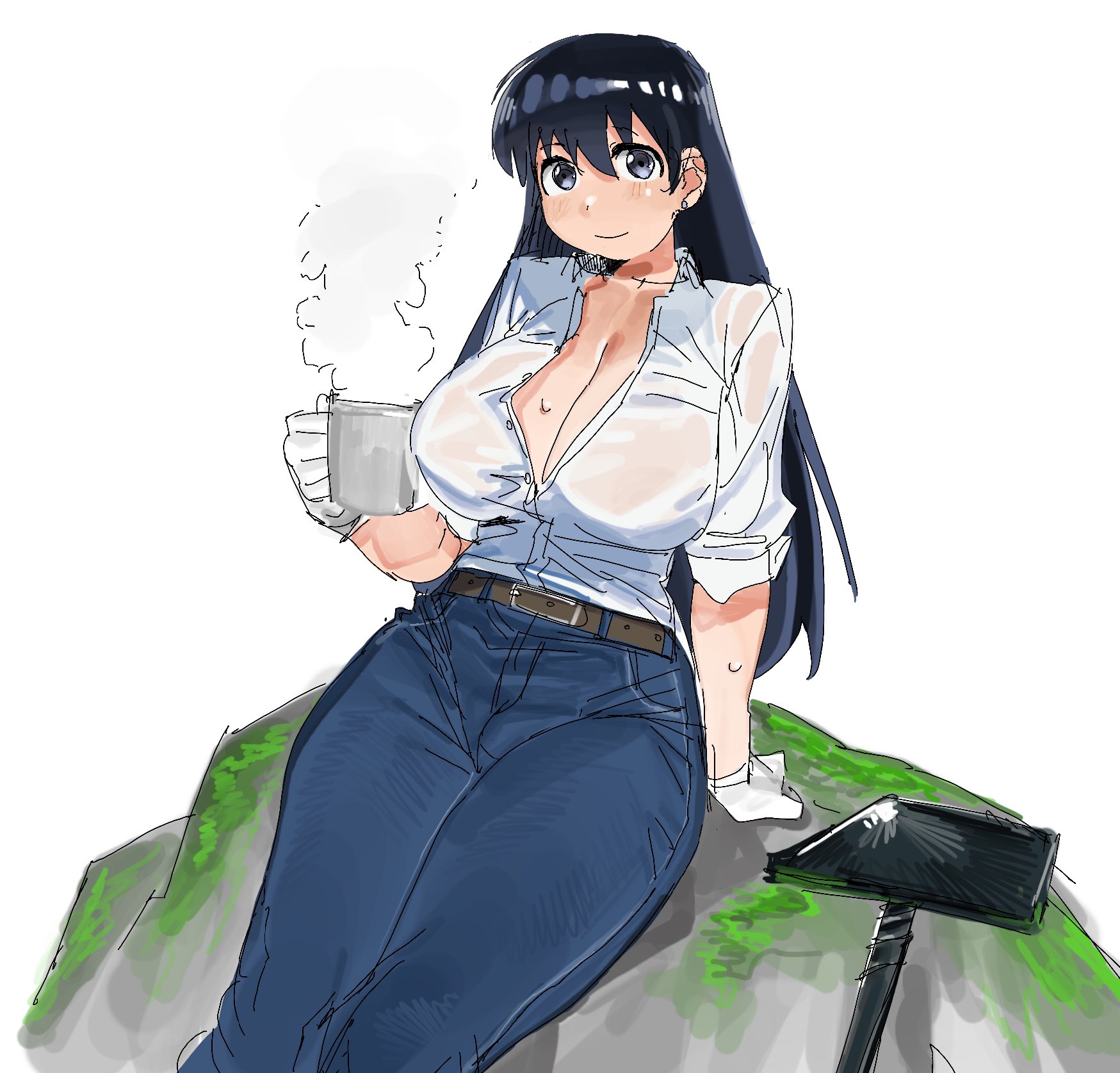 khentaiu, arato nagi, ruri no houseki, highres, 1girl, belt, black hair, blue eyes, blue pants, blush, breasts, cleavage, closed mouth, collarbone, collared shirt, cup, denim, feet out of frame, hammer, holding, holding cup, huge breasts, jeans, long hair, looking at viewer, mug, on rock, pants, rock, shirt, simple background, sitting, sleeves rolled up, solo, steam, thighs, wet, wet clothes, wet shirt, white background, white shirt, work gloves