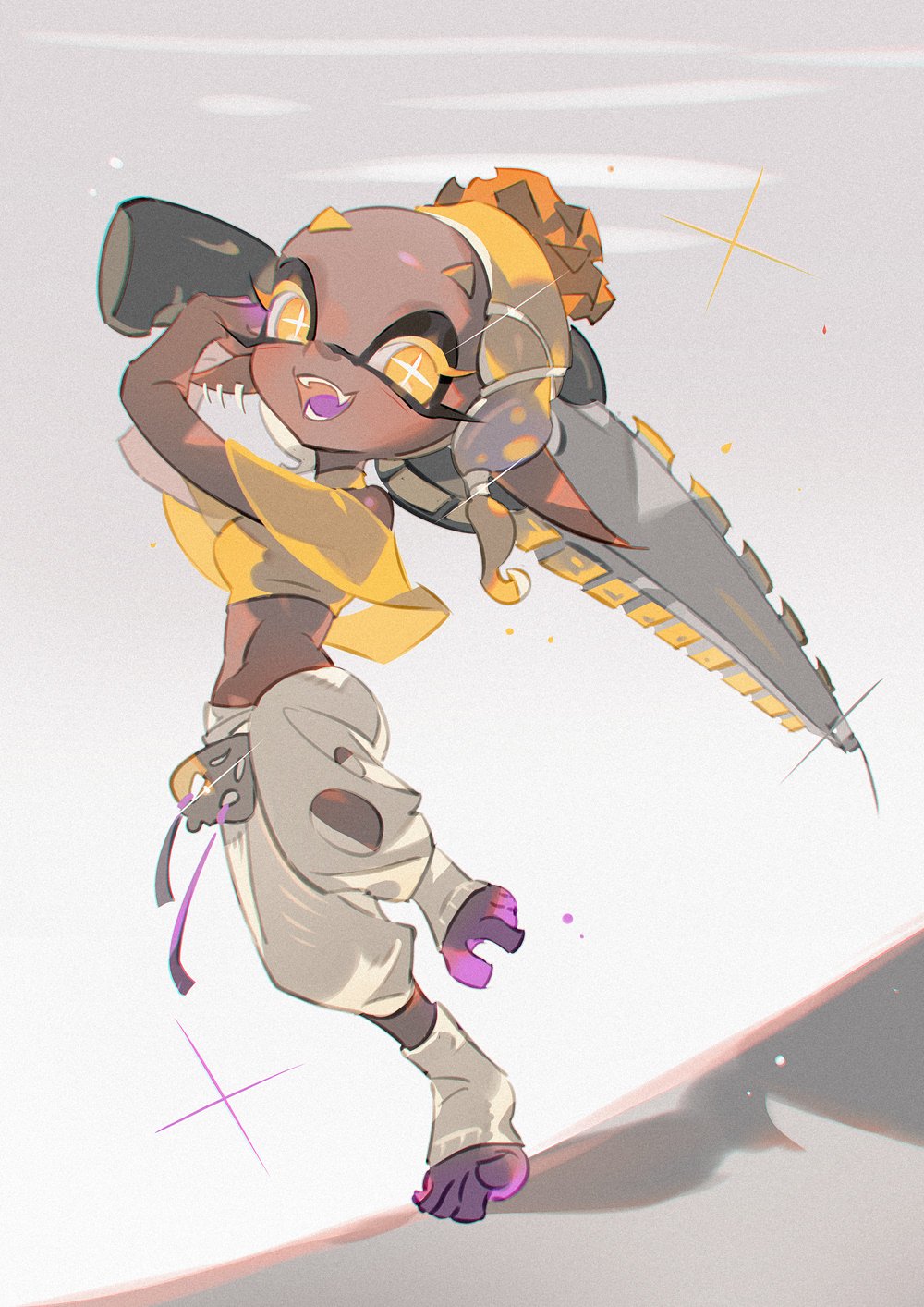 towo nita, frye (splatoon), nintendo, splatoon (series), splatoon 3, toeless socks, highres, 1girl, blonde hair, bright pupils, colored extremities, colored eyelashes, colored tongue, crop top, cross-shaped pupils, dark-skinned female, dark skin, earrings, fangs, forehead, full body, hair ornament, harem pants, holding, holding weapon, inkling, jewelry, long eyelashes, long pointy ears, medium hair, midriff, multiple earrings, no shoes, open mouth, pants, parted bangs, pointy ears, purple tongue, shawl, shirt, smile, socks, solo, splatana stamper (splatoon), symbol-shaped pupils, tentacle hair, tooth earrings, turtleneck, turtleneck shirt, weapon, white pants, white pupils, white socks, x hair ornament, yellow eyes, yellow shawl, yellow shirt