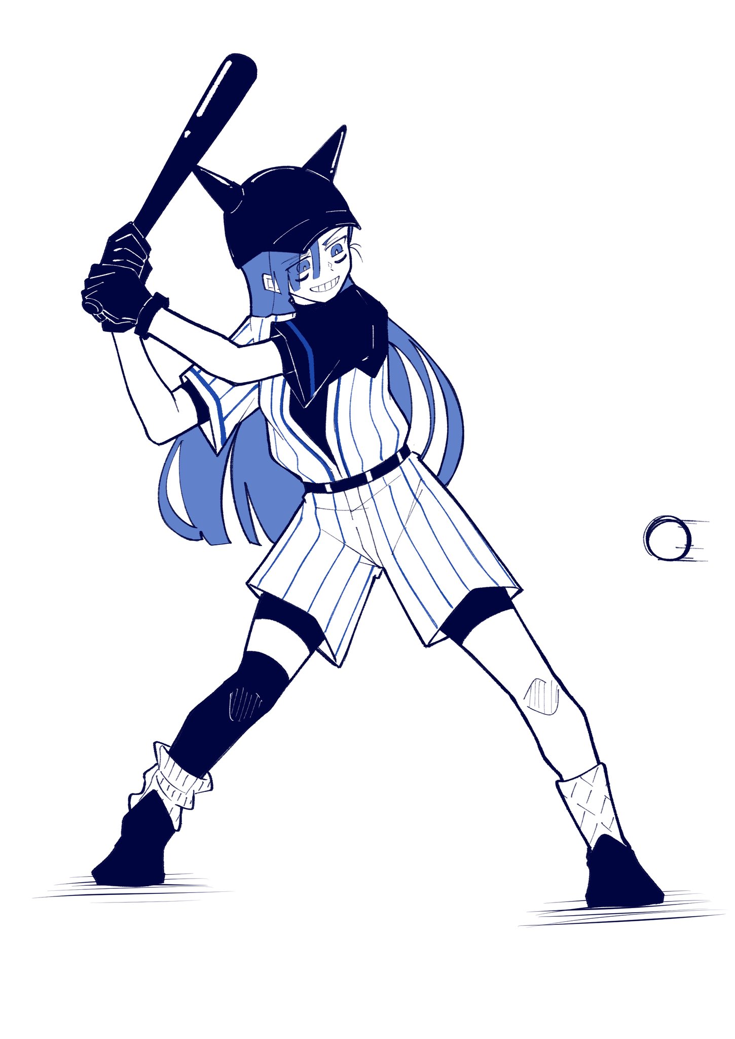 nori (norinori yrl), merry (ado), ado (utaite), readymade (ado), commentary request, highres, 1girl, asymmetrical legwear, baseball, baseball bat, baseball cap, baseball uniform, black gloves, blue eyes, blue hair, full body, gloves, hat, holding, holding baseball bat, long hair, shorts, simple background, solo, sportswear, white background, white shorts