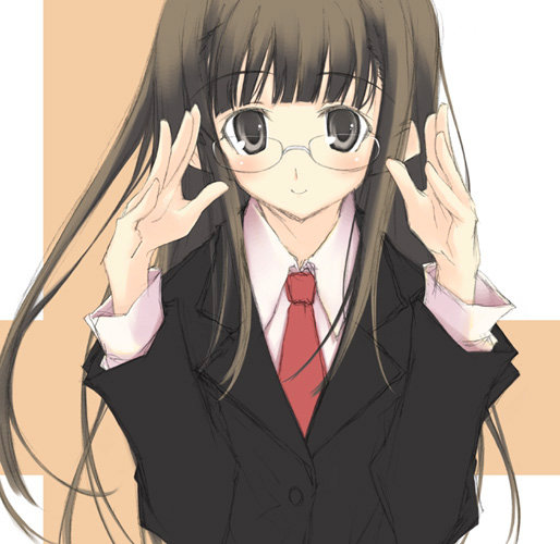 murata mine, 1girl, brown hair, female focus, glasses, grey eyes, long hair, looking at viewer, necktie, red necktie, school uniform, serafuku, smile, solo