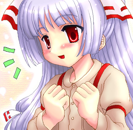 tilm, fujiwara no mokou, touhou, silver hair, lowres, 1girl, :d, arm strap, blush, bow, clenched hands, dutch angle, female focus, hair bow, half updo, hands on own chest, hime cut, large bow, long hair, oekaki, open mouth, ponytail, red eyes, shirt, sidelocks, smile, solo, suspenders, upper body, very long hair