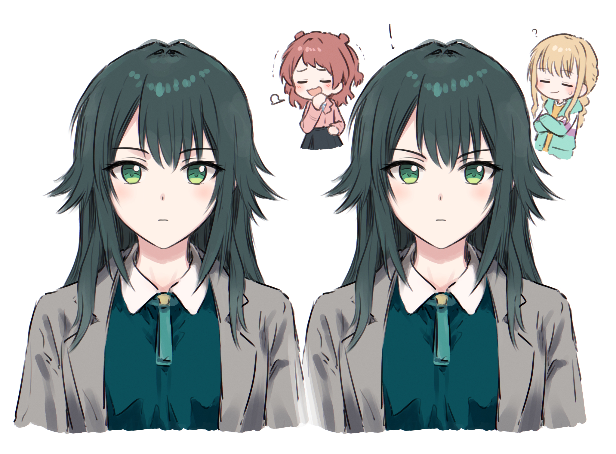 bullfalk, fujita kotone, hanami saki, tsukimura temari, gakuen idolmaster, idolmaster, commentary, highres, 3girls, blonde hair, blush, brown hair, closed eyes, closed mouth, green eyes, green hair, green shirt, grey jacket, jacket, long hair, multiple girls, open mouth, pink jacket, shirt, simple background, sweatdrop, white background, yellow shirt