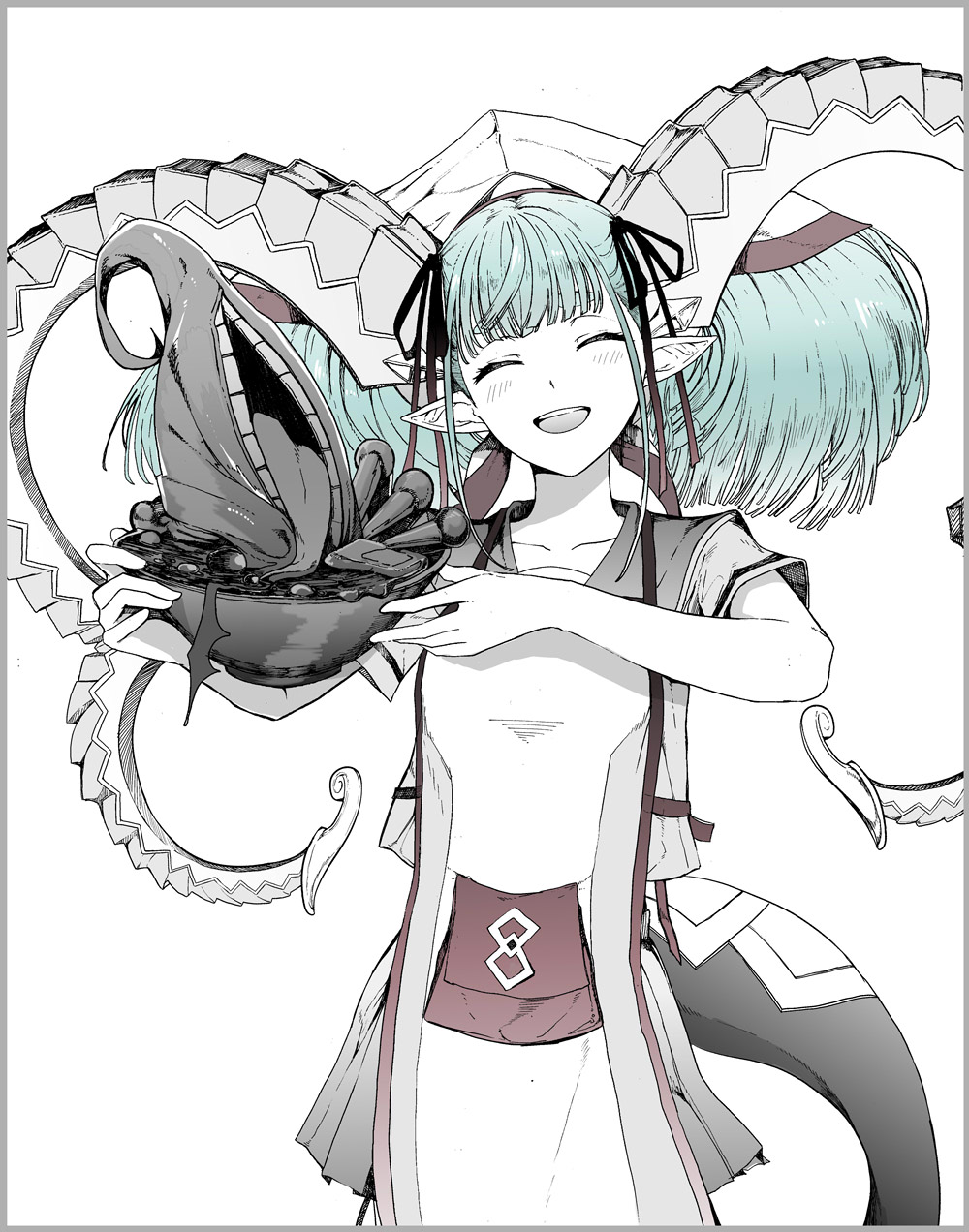 syatey, lahmu (fate), larva tiamat (fate), tiamat (fate), fate/grand order, fate (series), commentary request, highres, 1girl, aqua hair, bowl, closed eyes, cowboy shot, facing viewer, hat, holding, holding bowl, horns, large horns, larva tiamat (swimsuit archer) (second ascension) (fate), official alternate costume, open mouth, partially colored, pointy ears, short sleeves, simple background, smile, solo, tail, white background