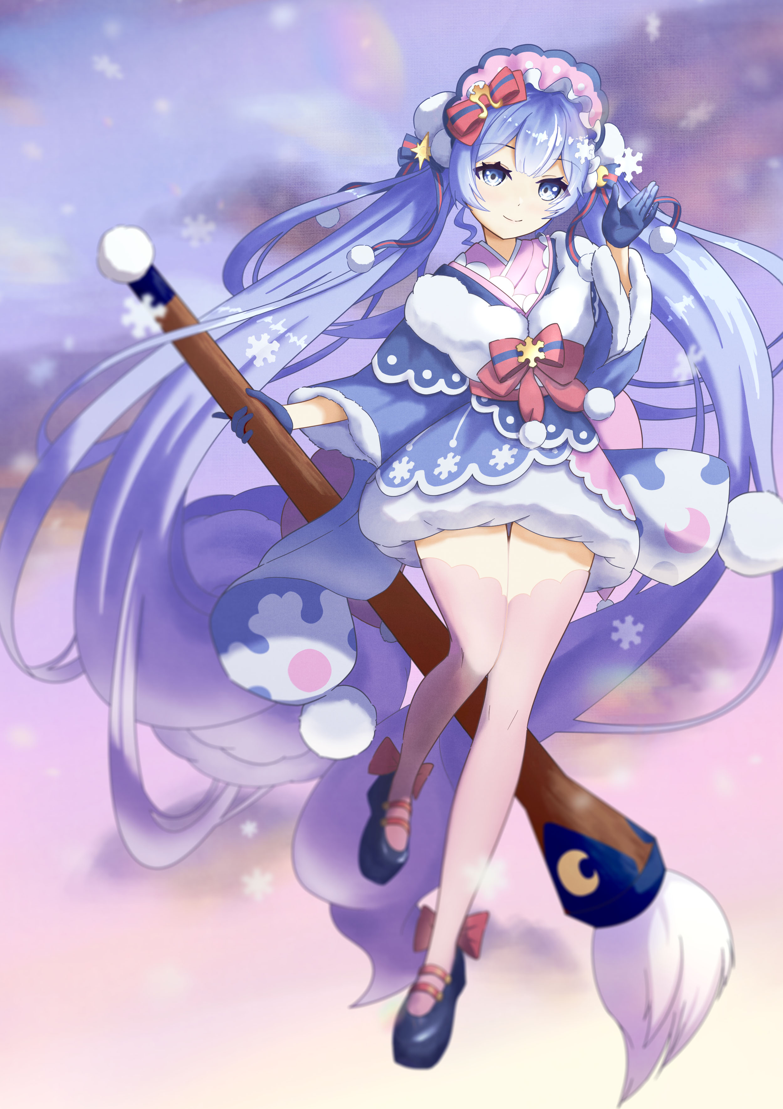 keika (otsukare), hatsune miku, yuki miku, yuki miku (2023), vocaloid, absurdres, highres, 1girl, aqua eyes, aqua hair, blue gloves, closed mouth, crescent, crescent hair ornament, fur-trimmed kimono, fur-trimmed sleeves, fur trim, giant brush, gloves, gradient hair, hair ornament, holding, holding paintbrush, japanese clothes, kimono, long hair, long sleeves, multicolored hair, official alternate costume, official alternate hairstyle, paintbrush, pink hair, pink kimono, pink thighhighs, pom pom (clothes), smile, solo, sun hair ornament, thighhighs, twintails, very long hair