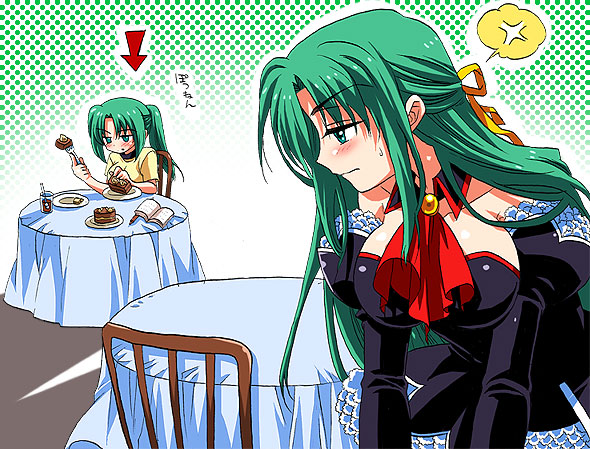 fujitaka (akasora), fujitaka akasora, sonozaki mion, sonozaki shion, higurashi no naku koro ni, 00s, 2girls, angel mort, anger vein, ascot, cup, detached collar, drinking glass, eating, green eyes, green hair, half updo, long hair, multiple girls, plate, ponytail, siblings, sisters, speech bubble, tumbler glass, twins
