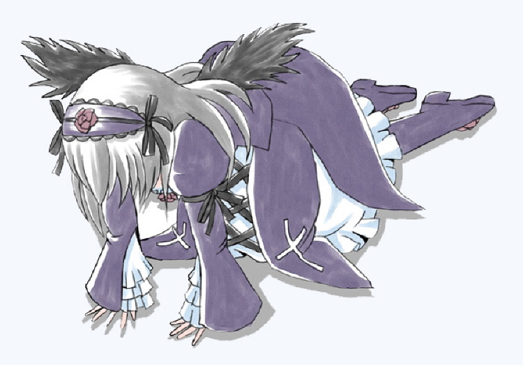 suigintou, rozen maiden, aliasing, corrupted metadata, 00s, 1girl, all fours, boots, doll, dress, female focus, full body, gothic lolita, lolita fashion, prostration, purple boots, simple background, solo, white background, white hair, wings