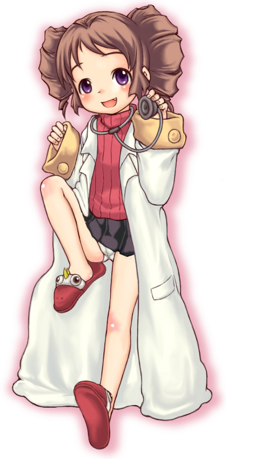 e10, youen, yogurting, 1girl, blush, brown hair, cameltoe, doctor, drill hair, fang, female focus, lab coat, leg lift, loli, long sleeves, miniskirt, panties, pantyshot, purple eyes, sandals, short hair, skirt, slippers, solo, standing, stethoscope, sweater, twin drills, twintails, underwear, upskirt, white panties