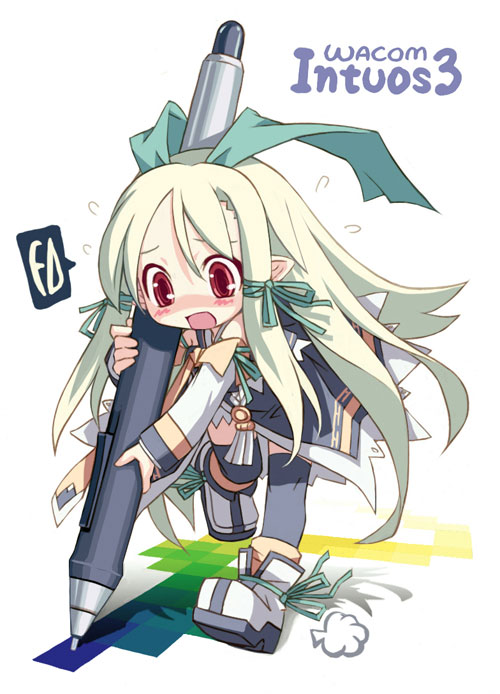 bailknight, intuostan, wacom, 1girl, blonde hair, blush, female focus, kneehighs, long hair, pen, pointy ears, ribbon, running, sidelocks, socks, solo, stylus, very long hair