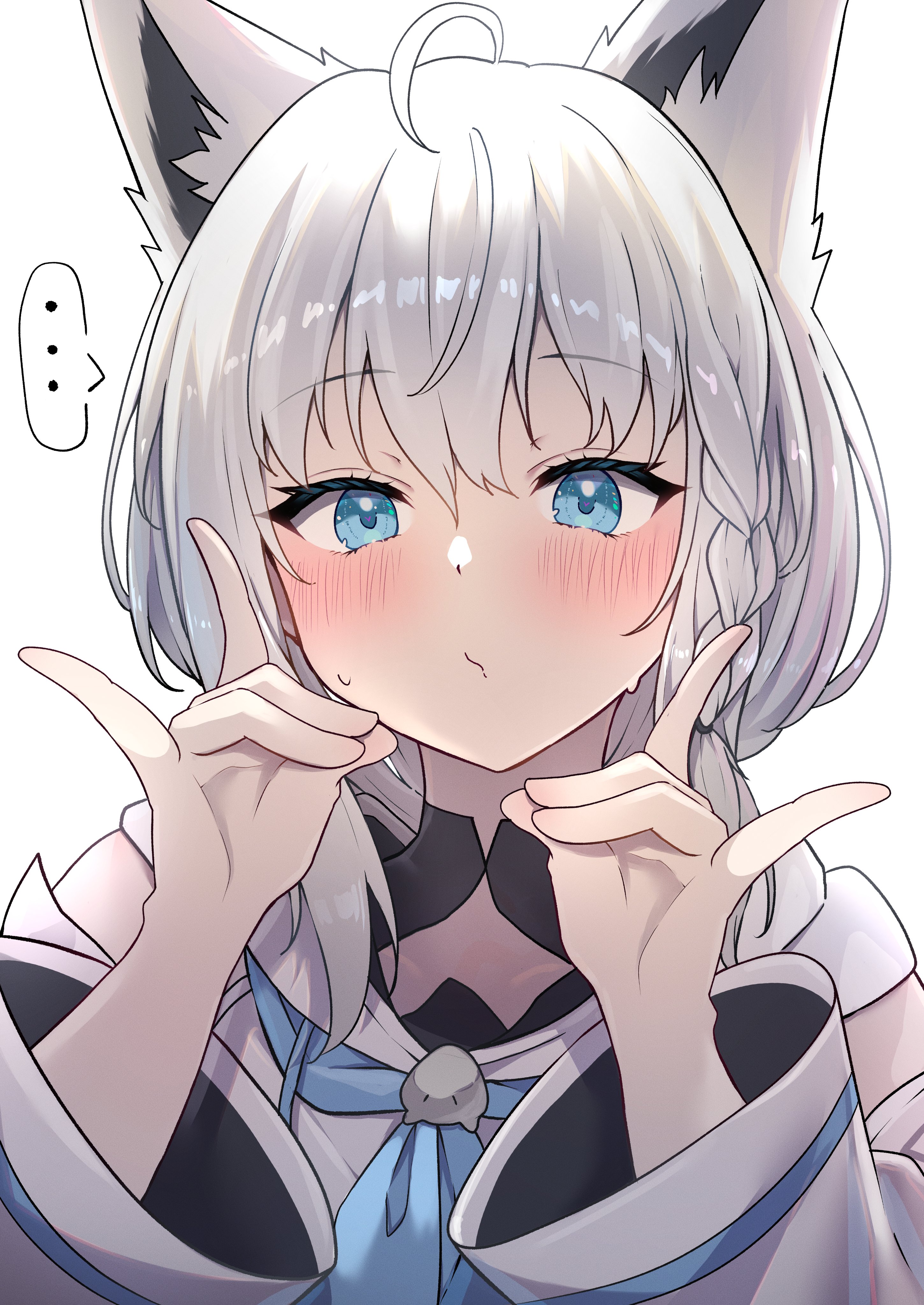 shirakami fubuki, shirakami fubuki (1st costume), hololive, absurdres, gesture request, highres, …, 1girl, 4m4t0 0321, ahoge, animal ears, blue eyes, blue neckerchief, blush, braid, closed mouth, fox ears, hood, hood down, hoodie, long sleeves, looking at viewer, neckerchief, puckered lips, short hair, sidelocks, simple background, solo, spoken ellipsis, upper body, white background, white hair, white hoodie