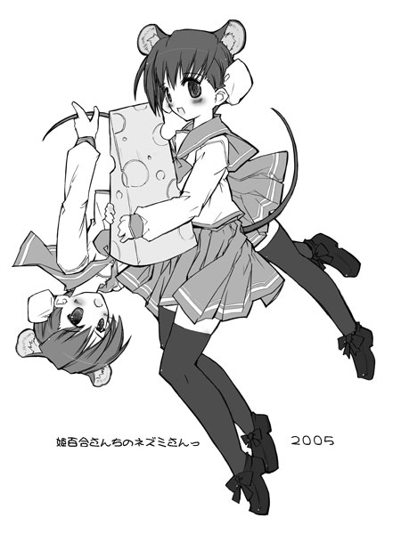 momiji mao, himeyuri ruri, himeyuri sango, to heart (series), to heart 2, 00s, 2girls, animal ear fluff, animal ears, bun cover, cheese, double bun, food, greyscale, hair bun, mini person, minigirl, monochrome, mouse ears, mouse tail, multiple girls, pleated skirt, school uniform, serafuku, skirt, tail, thighhighs