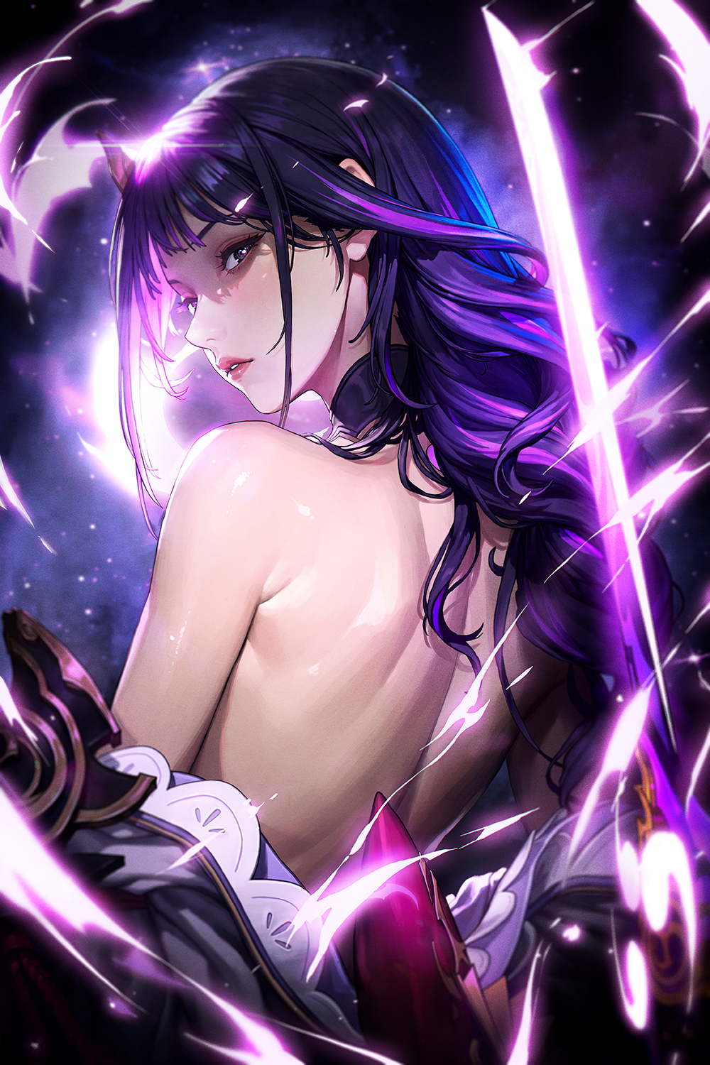 punc p, raiden shogun, genshin impact, highres, 1girl, bare back, black choker, choker, from behind, katana, long hair, looking at viewer, looking back, magatama, parted lips, purple eyes, purple hair, shoulder blades, solo, sword, upper body, weapon