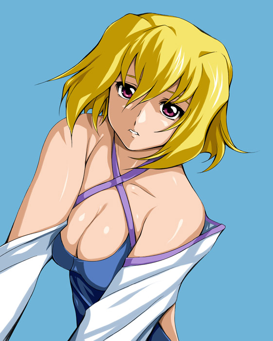 zundarepon, stellar loussier, gundam, gundam seed, gundam seed destiny, 00s, 1girl, blonde hair, breasts, cleavage, detached sleeves, dress, female focus, large breasts, pink eyes, short hair, simple background, solo