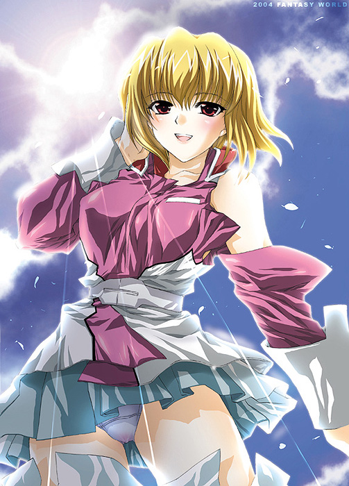 shinano yura, stellar loussier, gundam, gundam seed, gundam seed destiny, 00s, 1girl, blue panties, detached sleeves, dress, female focus, panties, pantyshot, solo, standing, underwear, upskirt