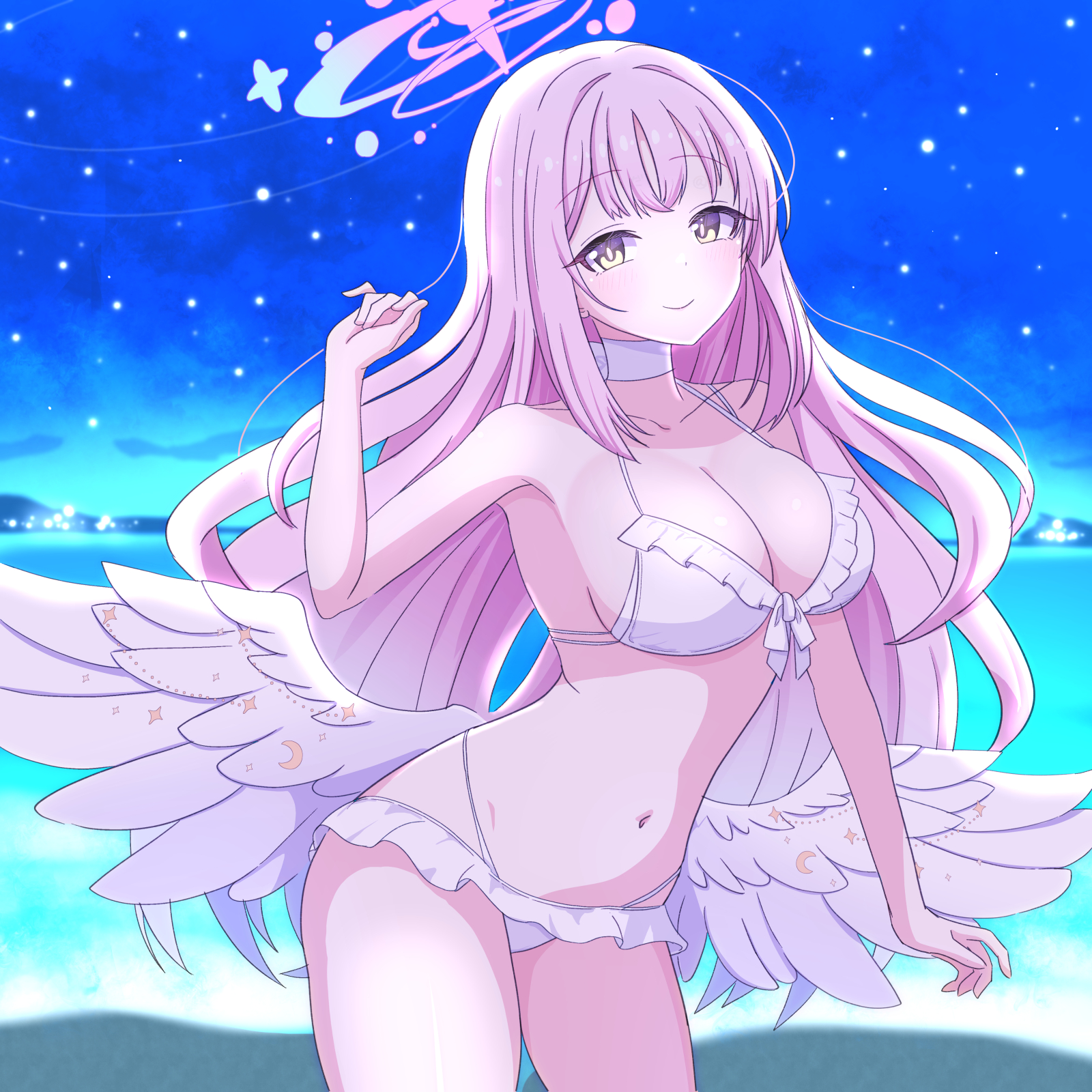 daiichi (k daiiti), mika (blue archive), mika (swimsuit) (blue archive), blue archive, highres, 1girl, angel wings, bare arms, bare shoulders, bikini, blue hair, blue halo, breasts, choker, cleavage, collarbone, feathered wings, frilled bikini, frills, gradient hair, gradient halo, halo, large breasts, long hair, looking at viewer, low wings, multicolored hair, multicolored halo, navel, official alternate costume, official alternate hairstyle, pink hair, pink halo, raised eyebrows, ribbon, smile, solo, stomach, swimsuit, thong bikini, very long hair, white bikini, white choker, white wings, wing ornament, wings, yellow eyes