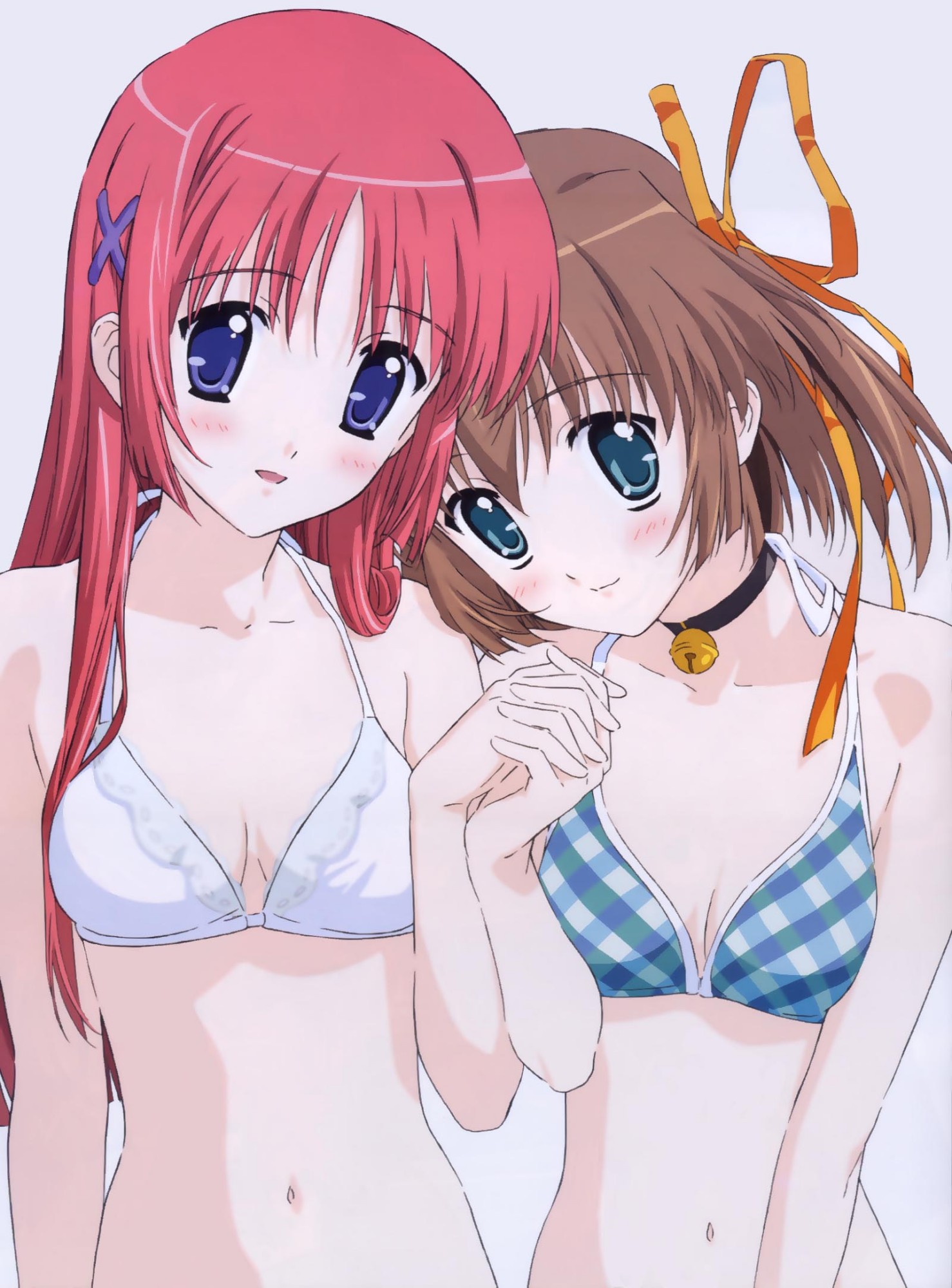 asakura nemu, shirakawa kotori, da capo, da capo i, highres, 00s, 2girls, bell, bikini, choker, collar, jingle bell, multiple girls, neck bell, red hair, ribbon, swimsuit