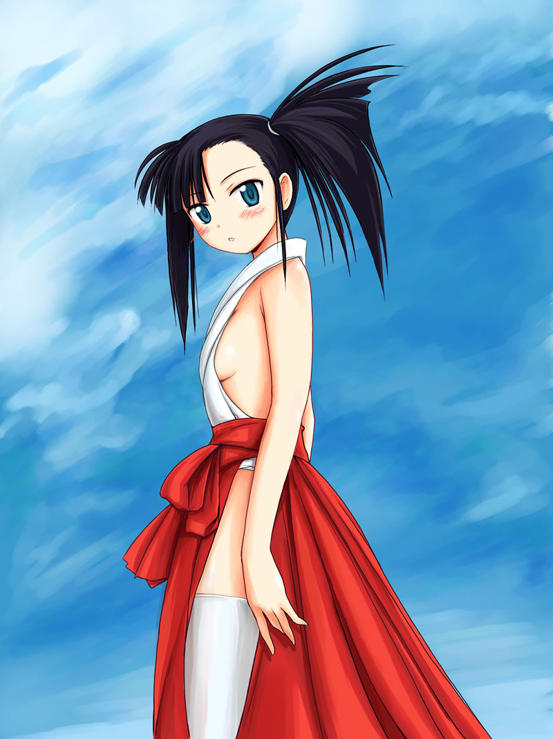ryp, sakurazaki setsuna, mahou sensei negima!, 00s, 1girl, black hair, blue eyes, blush, breasts, female focus, japanese clothes, miko, no bra, ponytail, side ponytail, sideboob, small breasts, solo, thighhighs