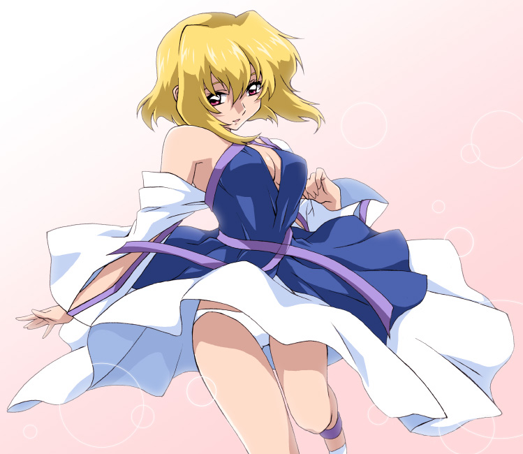 stellar loussier, gundam, gundam seed, gundam seed destiny, 00s, 1girl, bare shoulders, blonde hair, breasts, dress, female focus, large breasts, leg lift, long sleeves, panties, pantyshot, short hair, solo, standing, thigh gap, thighs, underwear, white panties