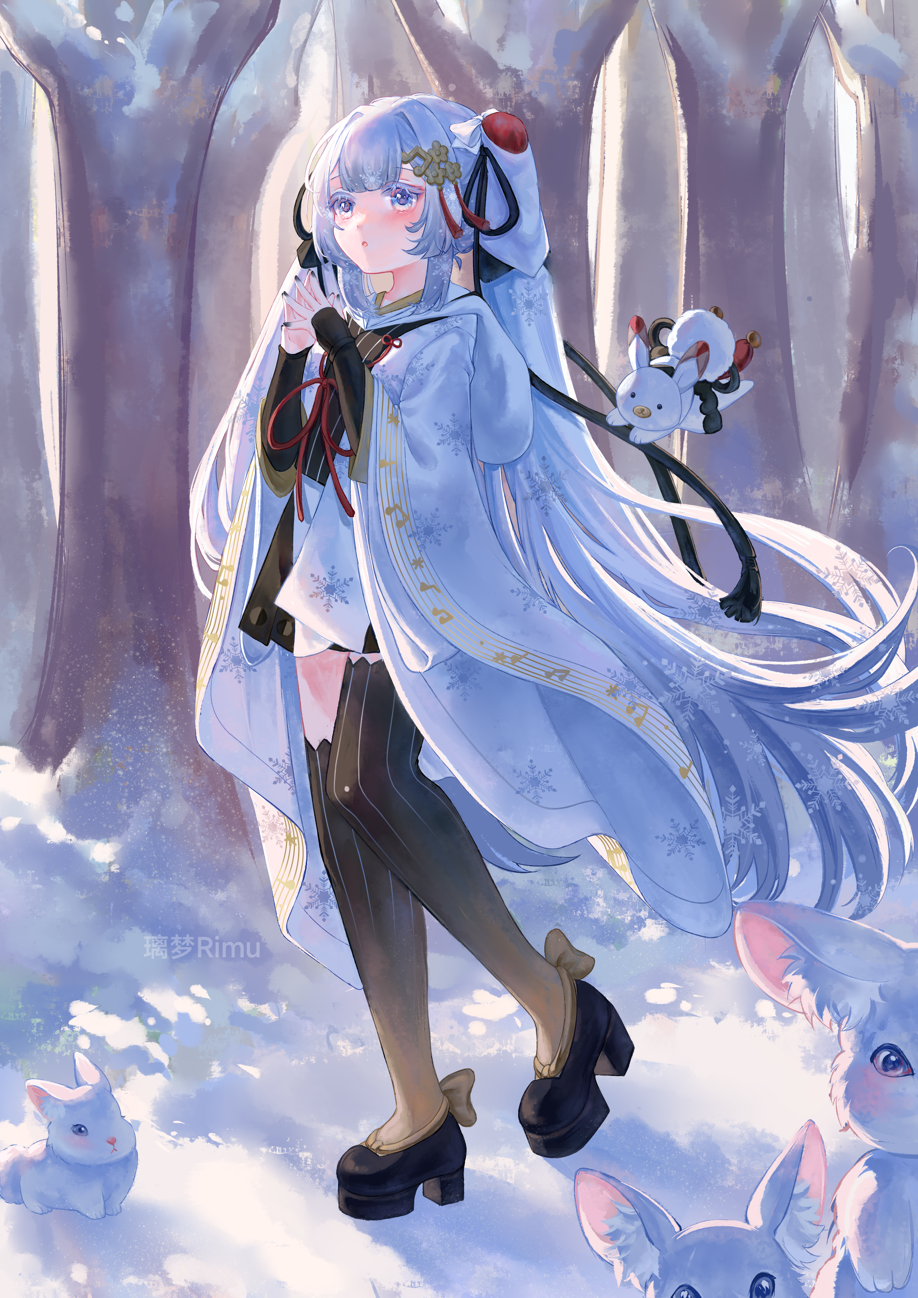 rimu (pixiv83916925), hatsune miku, rabbit yukine, yuki miku, yuki miku (2018), vocaloid, absurdres, commission, highres, 1girl, 3others, animal ears, aqua eyes, aqua hair, black thighhighs, blue nails, chihaya (clothing), fortissimo, full body, hair ornament, japanese clothes, long hair, miko, multiple others, musical note, musical note hair ornament, musical note print, musical staff, musical staff print, official alternate costume, official alternate hairstyle, rabbit ears, snow, snowflake print, striped clothes, striped thighhighs, thighhighs, twintails, very long hair