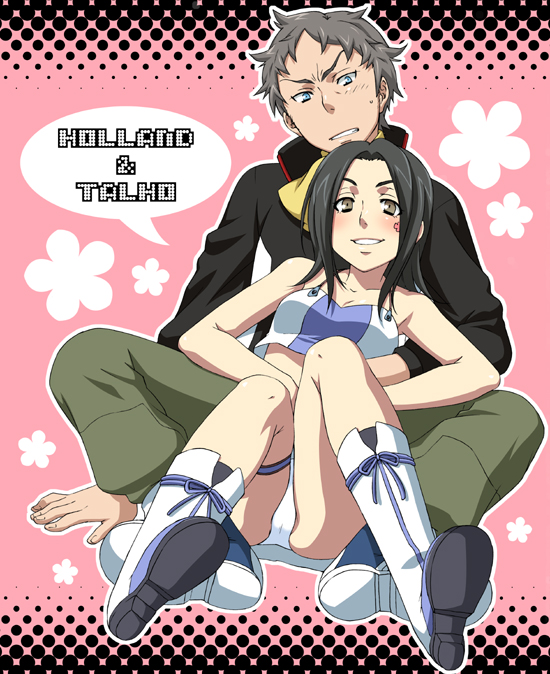 kuroo (project apricot), holland novak, talho yuuki, eureka seven, eureka seven (series), 00s, 1boy, 1girl, blush, couple, frown, hetero, holland, miniskirt, sitting, sitting on lap, sitting on person