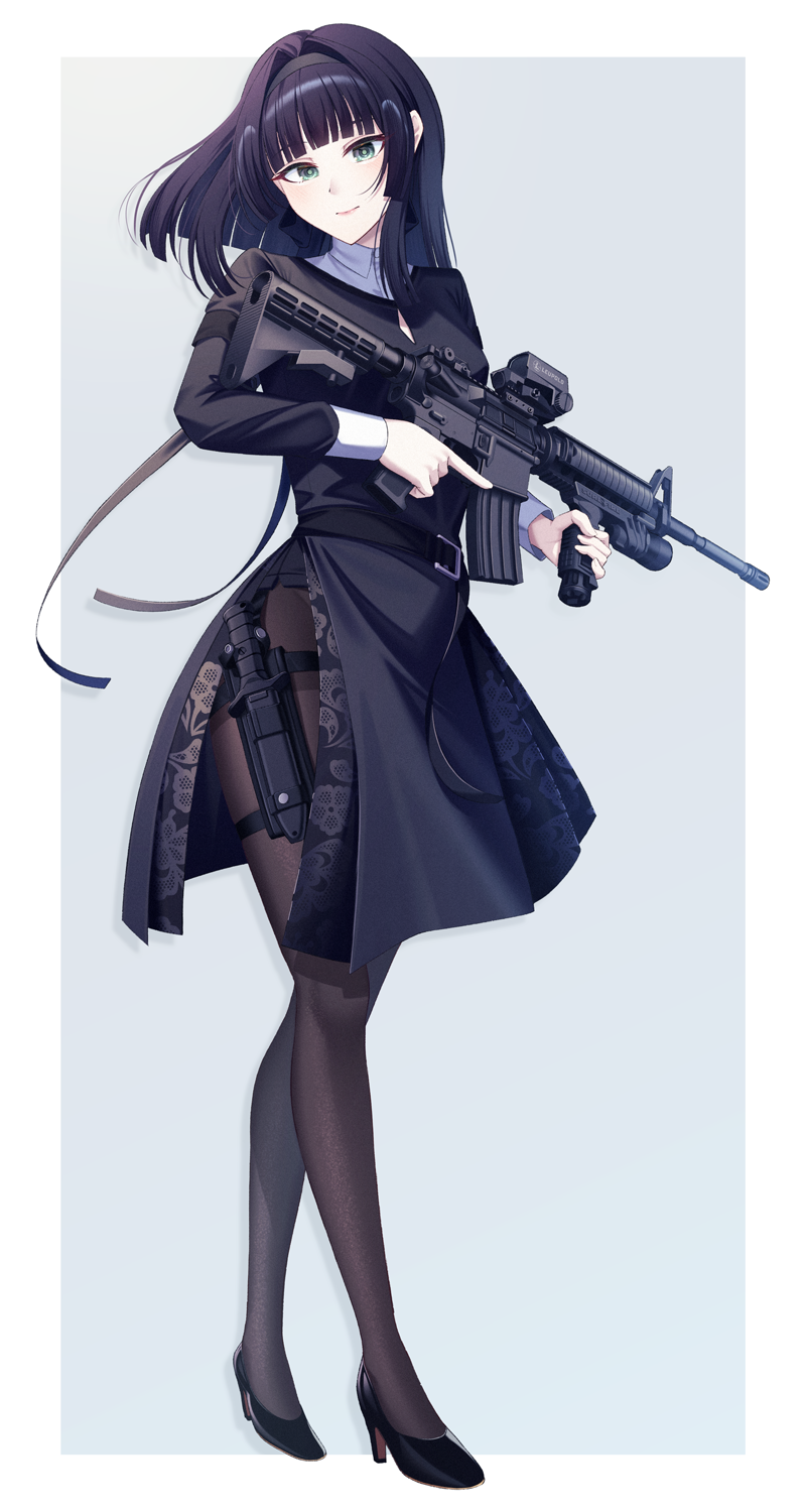 angel ina, original, highres, weapon request, 1girl, assault rifle, black hair, green eyes, gun, hair intakes, high heels, holding, holding gun, holding weapon, light smile, long hair, m4 carbine, pantyhose, rifle, sheath, sheathed, side slit, simple background, solo, thigh sheath, trigger discipline, vertical foregrip, weapon