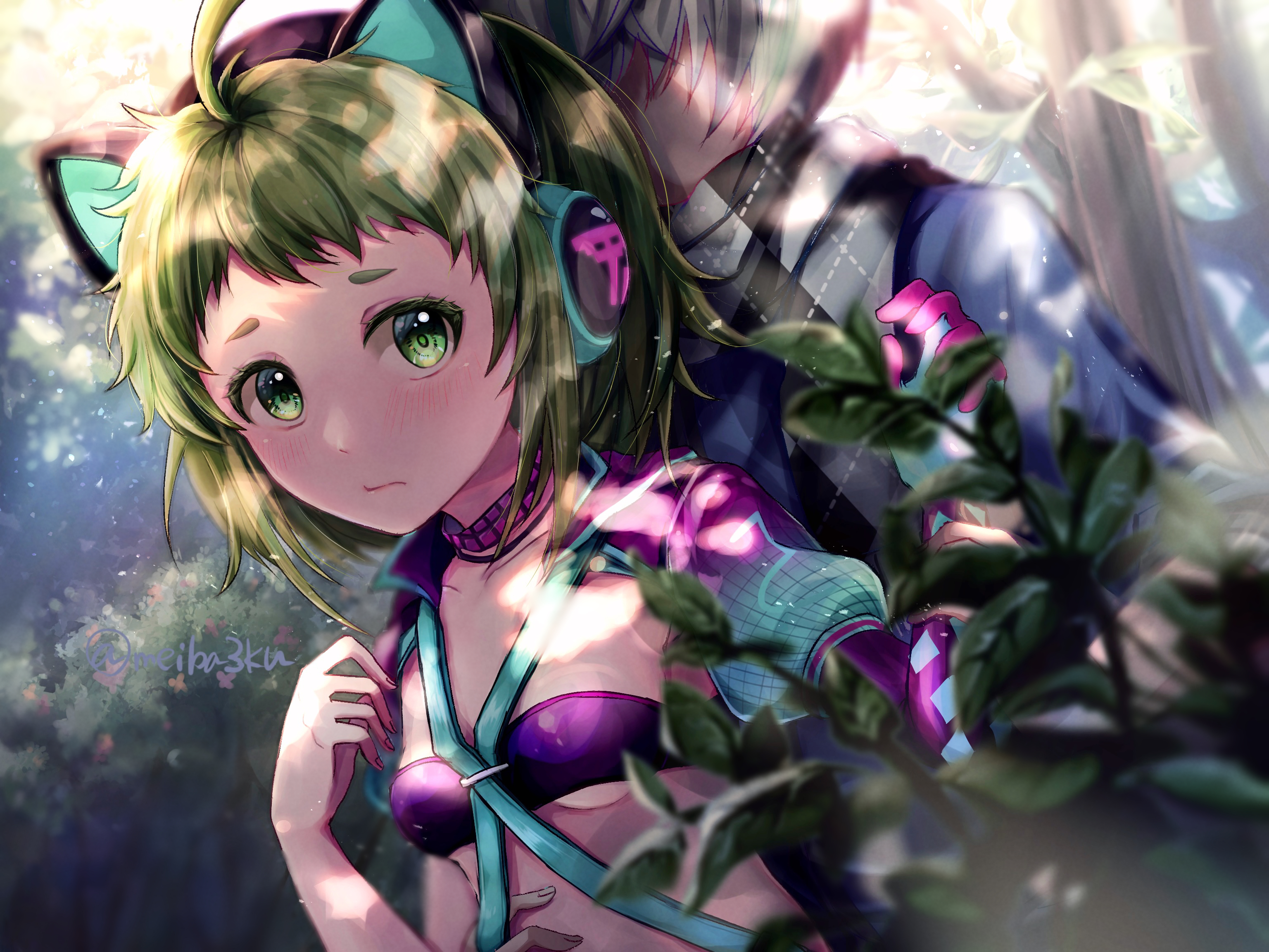 saiba (meiba3ku), antenna (dohna dohna), kuma (dohna dohna), dohna dohna issho ni warui koto o shiyou, highres, 1boy, 1girl, ahoge, animal ear headphones, animal ears, blurry, blurry foreground, breasts, bush, cat ear headphones, closed mouth, dappled sunlight, eyelashes, fake animal ears, forest, green hair, grey hair, hand on another's waist, headphones, hetero, holding another's wrist, light particles, looking at viewer, nature, scarf, short hair, sunlight, twitter username, underboob