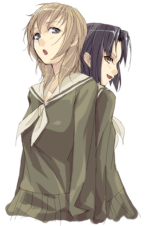 kyo (kuroichigo), mizuno youko, satou sei, maria-sama ga miteru, 00s, 2girls, back-to-back, black hair, blonde hair, blue eyes, brown eyes, looking at viewer, multiple girls, open mouth, school uniform, serafuku, short hair, simple background, standing