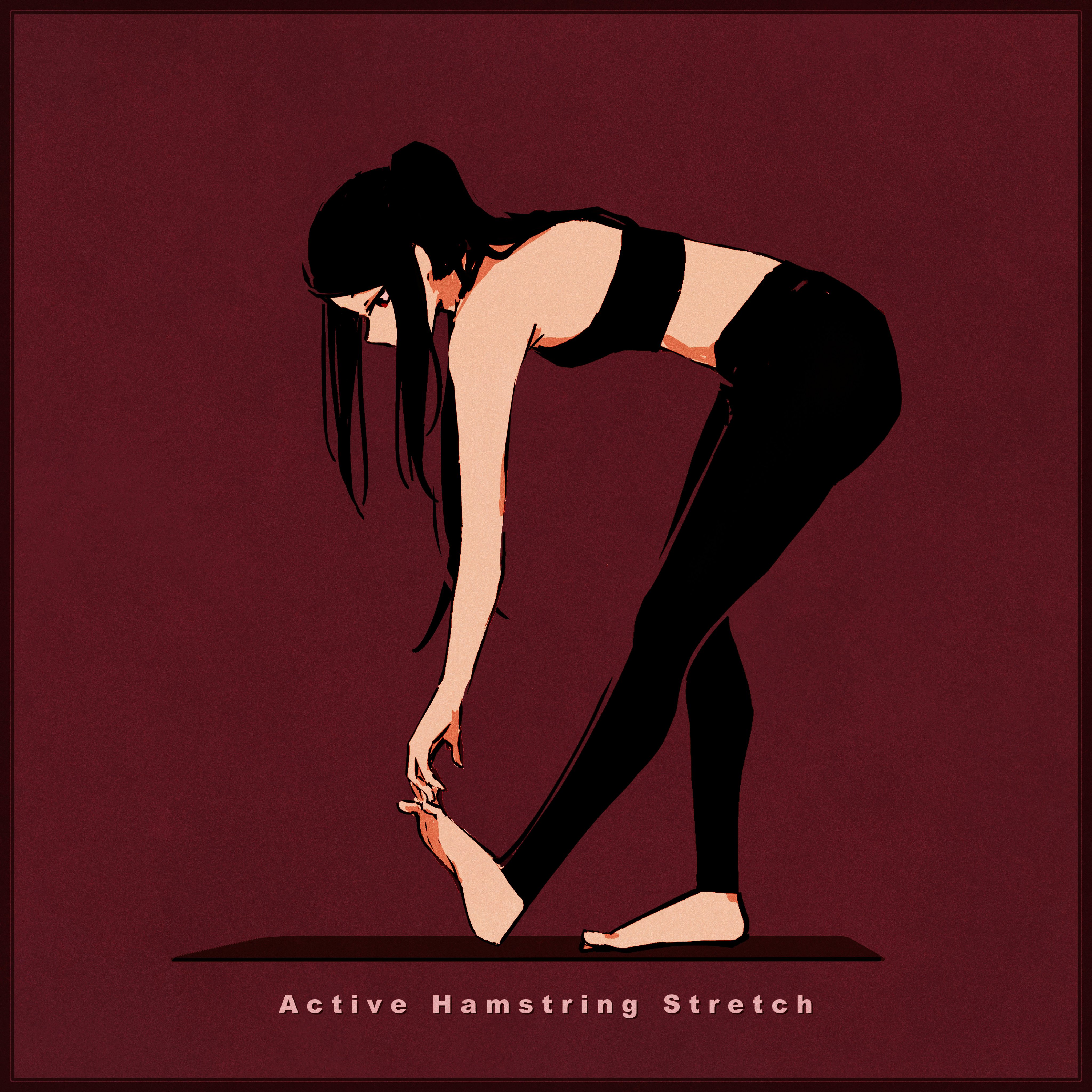 rnna, jill stingray, va-11 hall-a, absurdres, commentary, highres, 1girl, barefoot, black hair, black pants, from side, full body, long hair, pants, red background, red eyes, sidelocks, solo, sports bra, stretching, yoga mat