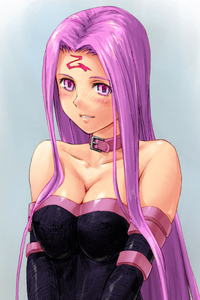 tani, medusa (fate), medusa (rider) (fate), fate/stay night, fate (series), duplicate, 00s, 1girl, blush, dress, female focus, solo, square pupils, strapless, strapless dress