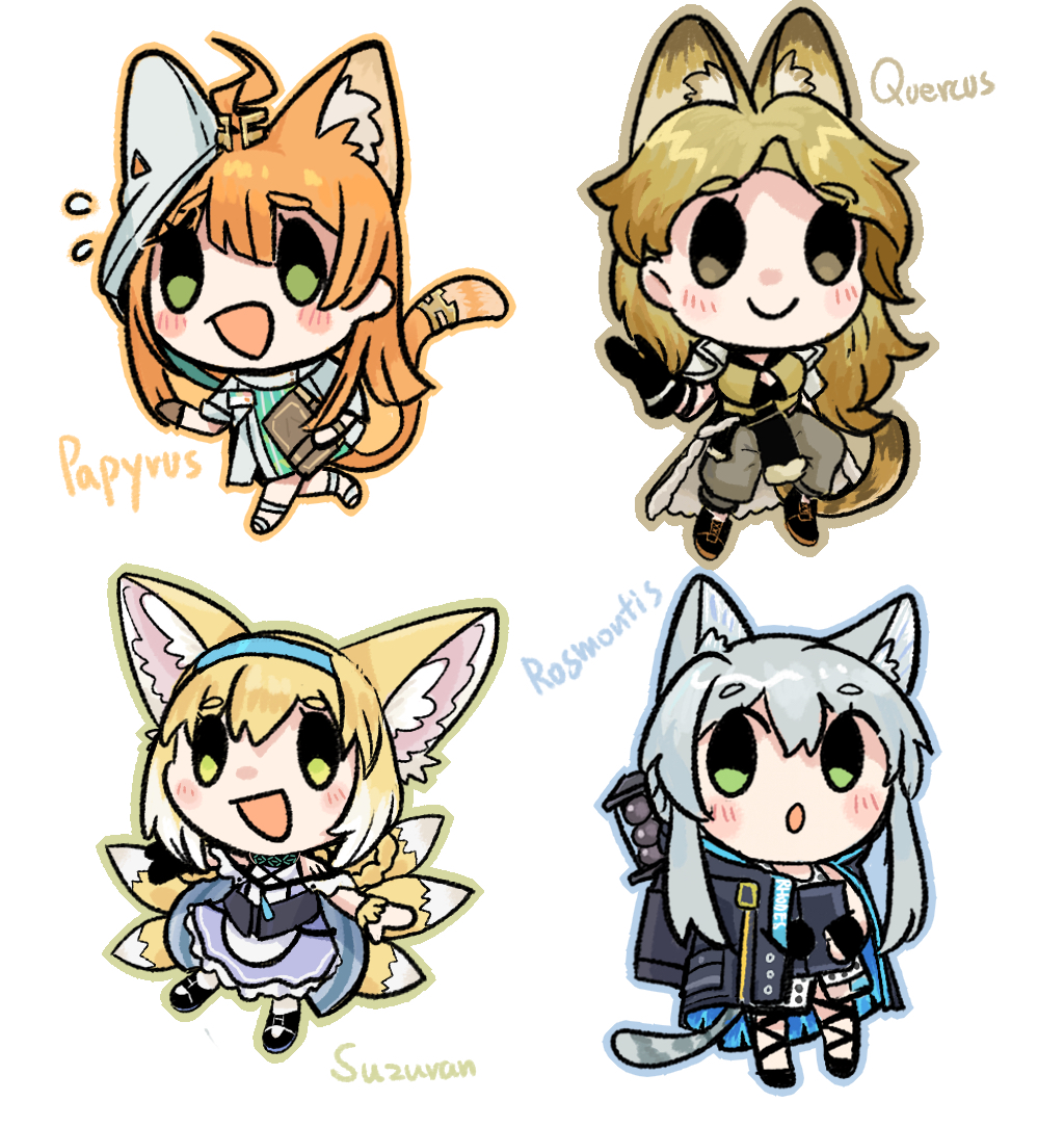 sukey four, papyrus (arknights), quercus (arknights), rosmontis (arknights), suzuran (arknights), arknights, chinese commentary, commentary request, 4girls, animal ear fluff, animal ears, blonde hair, cat ears, cat girl, cat tail, character name, chibi, fox ears, fox girl, fox tail, green eyes, multiple girls, multiple tails, smile, tail