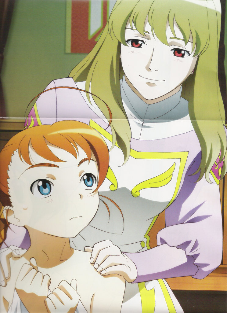 suzuki yukie, arika yumemiya, shizuru viola, my-otome, official art, scan, 00s, 2girls, ahoge, bare shoulders, blue eyes, braid, brown hair, covering breasts, covering privates, indoors, long hair, long sleeves, looking at another, looking up, meister otome uniform, multiple girls, orange hair, red eyes, smile