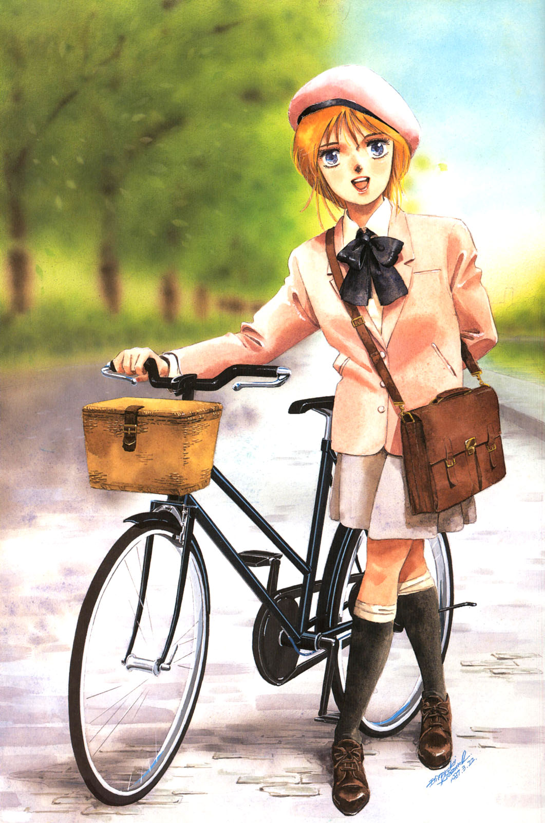 faddawdle, kitazume hiroyuki, elpeo puru, gundam, gundam zz, 1980s (style), highres, 1girl, :d, arm behind back, bag, basket, beret, bicycle, black bow, black socks, blazer, blue eyes, blurry, bow, brown shoes, dated, day, depth of field, elpeple, eyelashes, female focus, full body, hat, jacket, kneehighs, lips, lipstick, long sleeves, looking at viewer, makeup, mascara, oldschool, open mouth, orange hair, outdoors, pavement, pushing bicycle, retro artstyle, road, satchel, shoes, short hair, shoulder bag, signature, skirt, smile, socks, solo, standing, street, vanishing point, white skirt, wing collar