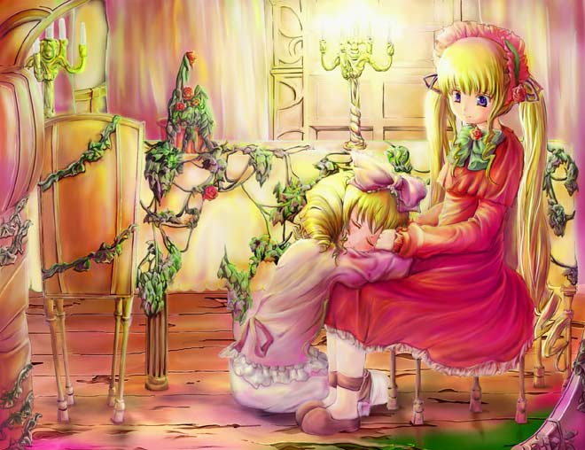 ruku (alicecreation), hinaichigo, shinku, rozen maiden, 00s, 2girls, blonde hair, blue eyes, bow, closed eyes, lap pillow, multiple girls, pink bow, sitting, twintails