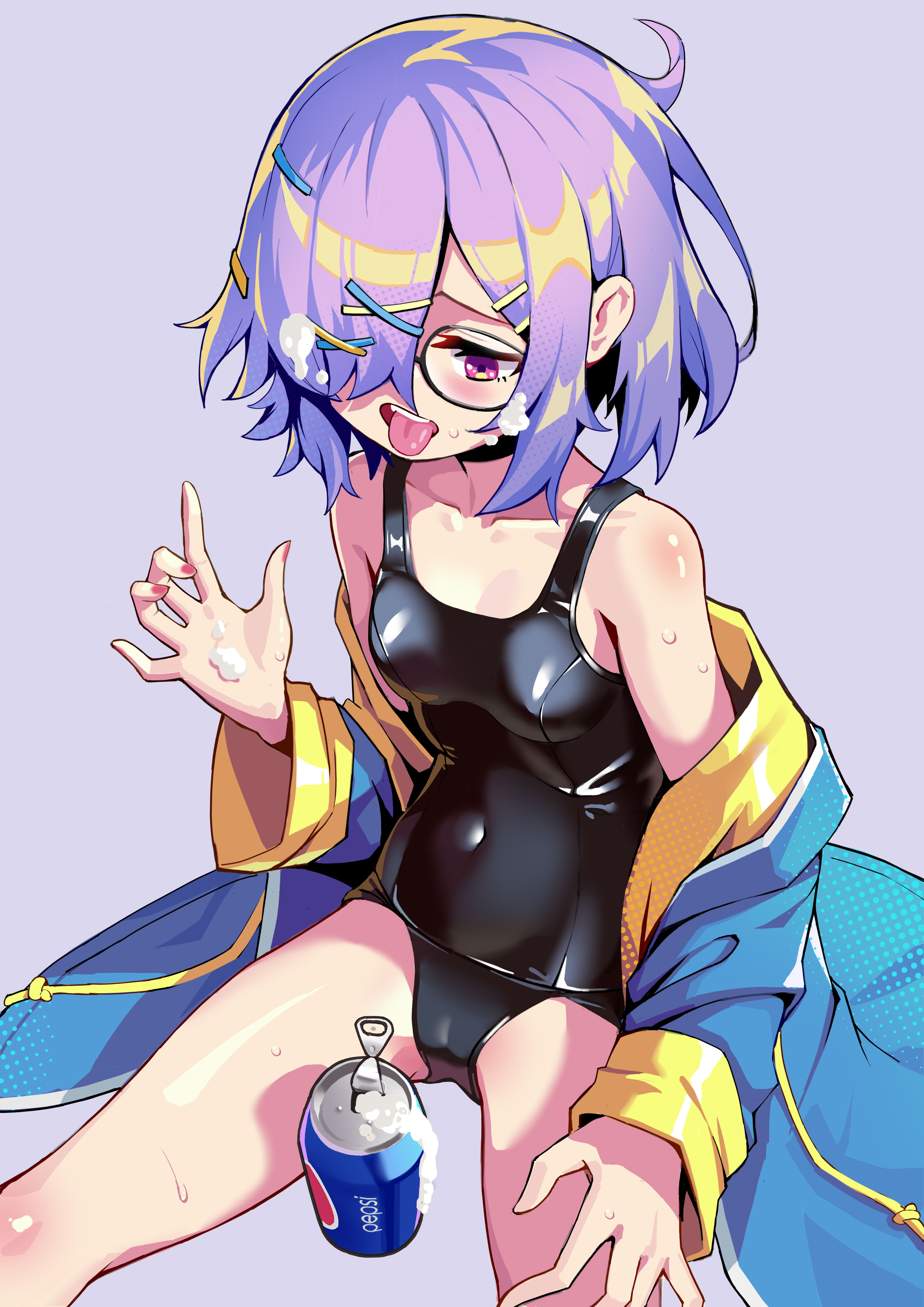 qianqiu wanxia, kobayashi sana, dohna dohna issho ni warui koto o shiyou, pepsi, absurdres, commentary request, highres, 1girl, blue coat, cameltoe, can, coat, collarbone, covered navel, foam, glasses, grey background, hair over one eye, multiple hair clips, one-piece swimsuit, pink eyes, purple hair, sexually suggestive, short hair, sitting, solo, swimsuit, thighs, tongue, tongue out