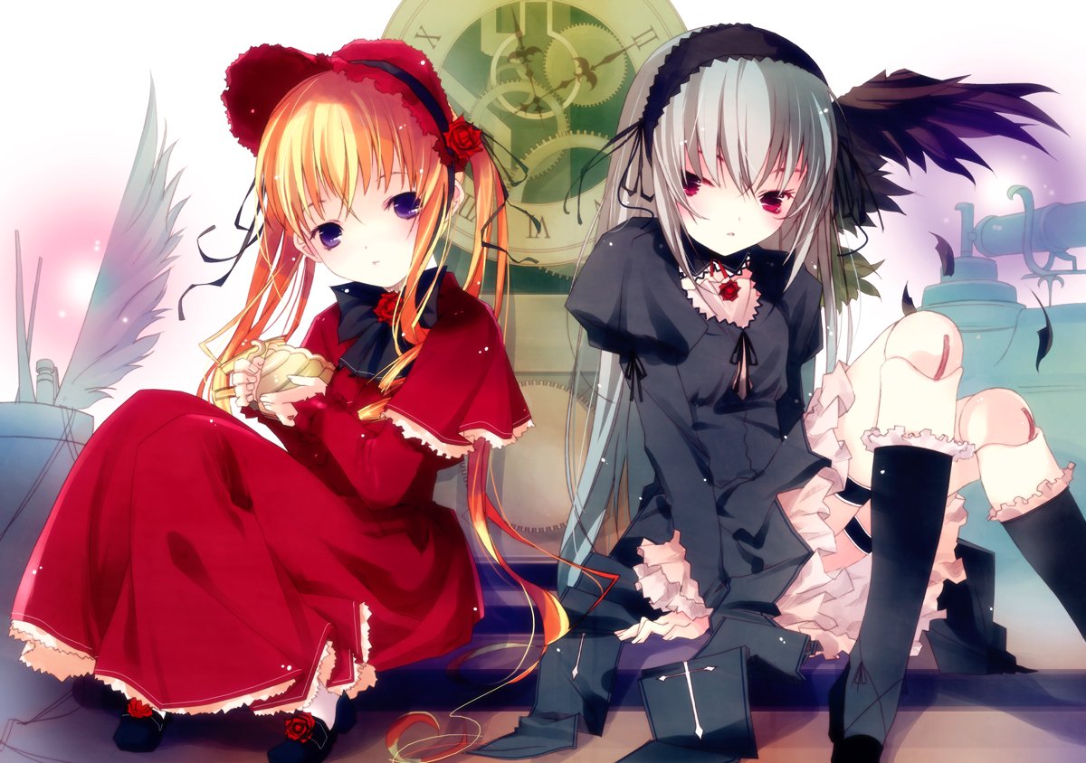 ruroo, shinku, suigintou, rozen maiden, 00s, 2girls, blonde hair, blush, bonnet, clock, cross, cup, doll, doll joints, dress, feathers, flower, frills, gears, grey hair, hairband, holding, joints, kneehighs, latin cross, long hair, multiple girls, pale skin, purple eyes, red dress, red eyes, ribbon, roman numeral, rose, shoes, sitting, socks, tea, teacup, twintails, wings