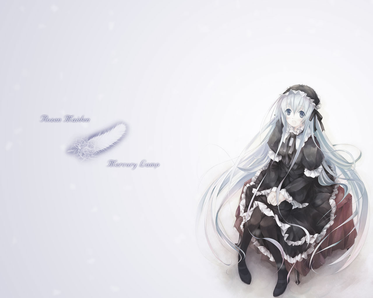 suigintou, rozen maiden, 00s, 1girl, dress, feathers, female focus, gothic lolita, gradient background, lolita fashion, long hair, sitting, solo, white hair