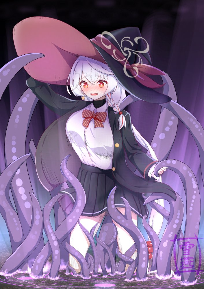 syumi-bousou, eri (blue archive), blue archive, 1girl, black hat, black jacket, black skirt, blush, bow, bowtie, collared shirt, hat, jacket, large hat, long hair, long sleeves, open mouth, pleated skirt, red bow, red bowtie, red eyes, shirt, skirt, solo, striped bow, striped bowtie, striped clothes, tentacles, white hair, white shirt, wide brim, witch hat