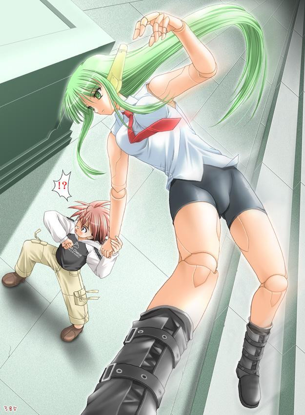 karakuri chachamaru, negi springfield, mahou sensei negima!, bad perspective, !?, 00s, 1boy, 1girl, arched back, arm support, belt, bike shorts, blush, boots, brown hair, doll joints, dutch angle, floating hair, glasses, green eyes, green hair, hood, joints, jumping, long hair, necktie, pants, pocket, red necktie, robot ears, robot joints, shirt, short hair, sleeveless, sleeveless shirt, spiked hair, thighs, very long hair