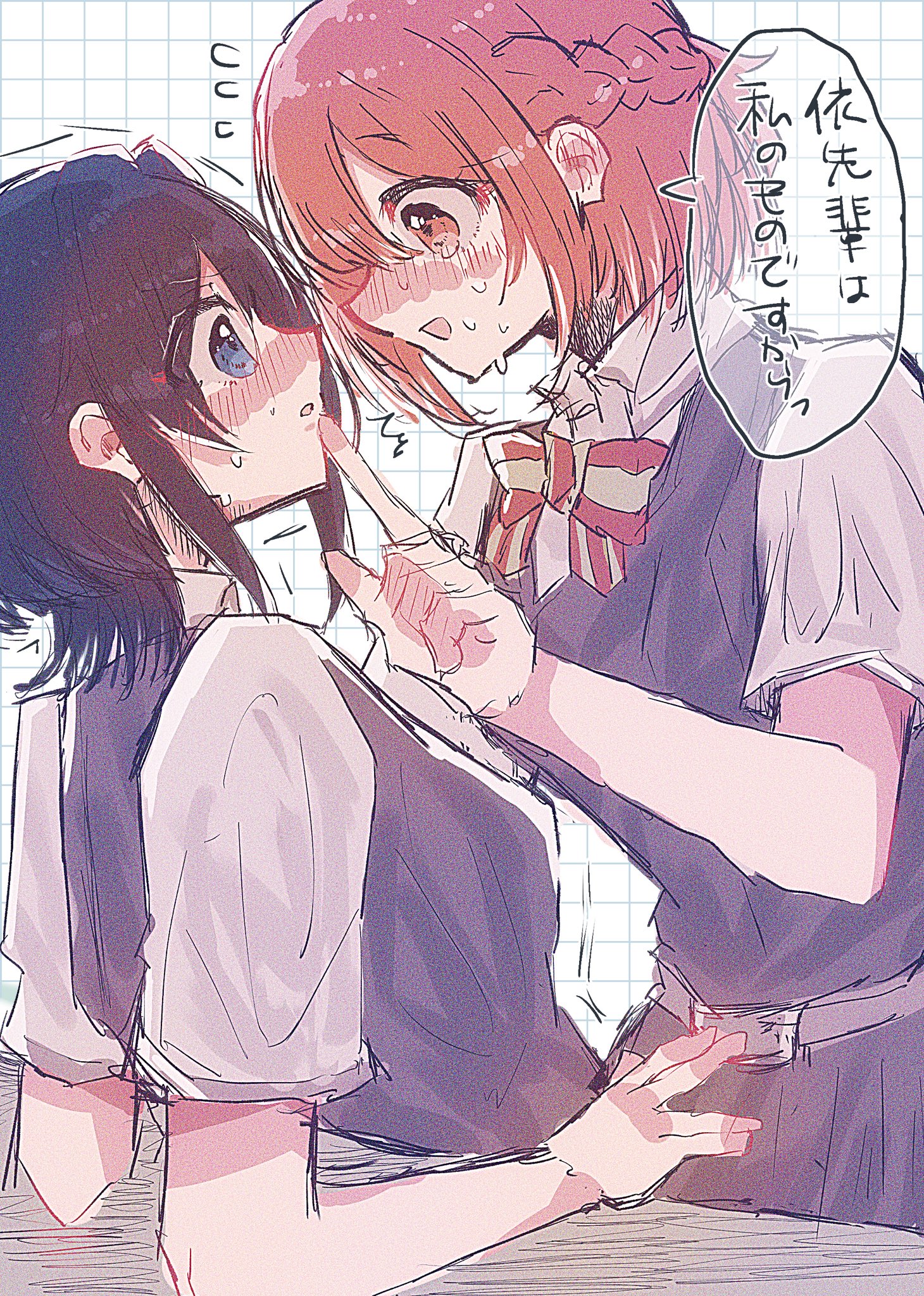 asanagi yori, kino himari, sasayaku you ni koi wo utau, commentary request, highres, translation request, 2girls, black dress, black hair, blue eyes, bow, bowtie, braid, dress, half up braid, index finger raised, multiple girls, open mouth, orange hair, pinafore dress, red bow, red bowtie, school uniform, shirt, siita 1, sleeveless, sleeveless dress, white shirt, yuri