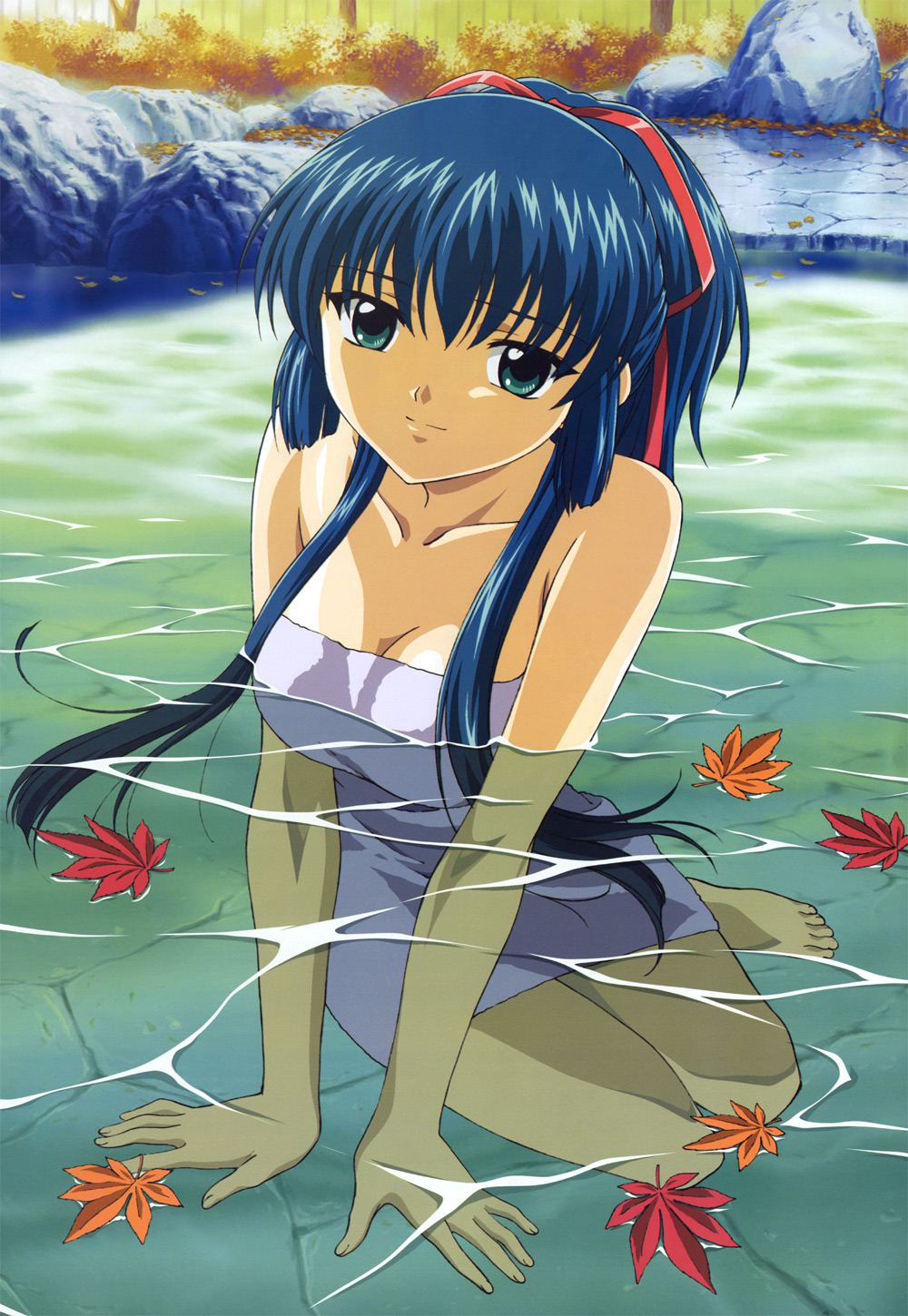 kikuchi satonobu, karasuma chitose, broccoli (company), galaxy angel, megami magazine, detexted, highres, official art, third-party edit, 00s, 1girl, arm support, barefoot, blue hair, female focus, full body, green eyes, hair ribbon, leaf, long hair, naked towel, onsen, ponytail, ribbon, solo, submerged, towel, water, wet