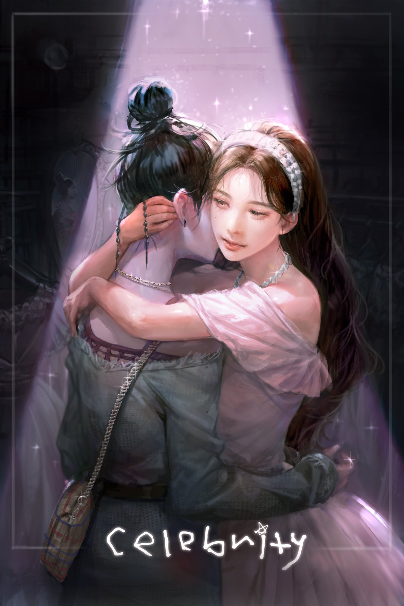 real life, highres, 2girls, bag, bare shoulders, brown hair, dress, earrings, jewelry, jkml, k-pop, long hair, mirror, mole, multiple girls, necklace, red lips, shoulder bag, white dress